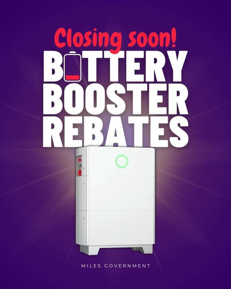 Our Battery Booster Program is almost fully charged!🪫

There are now less than two weeks left to apply for cash back of up to $4000 on a household battery.

They help to slash power bills, reduce electricity usage and save the planet.

Application c