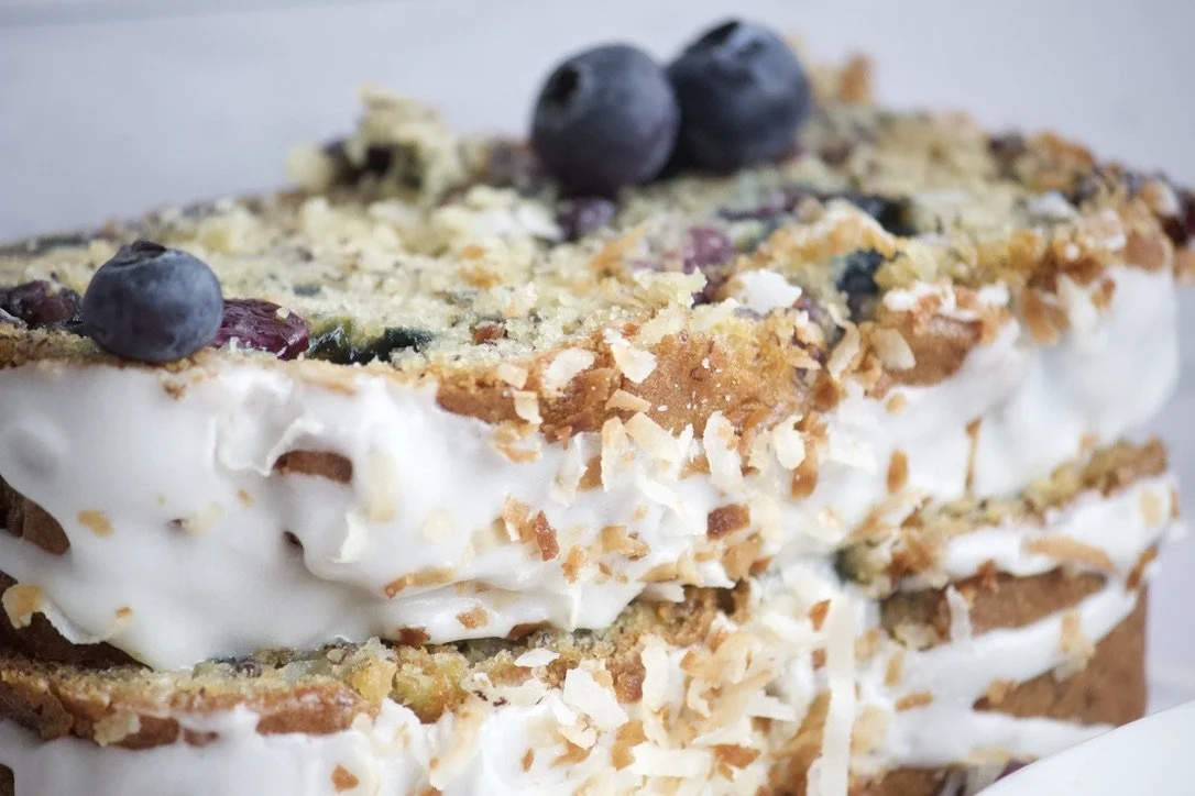 banana blueberry bread with toasted coconut shavings