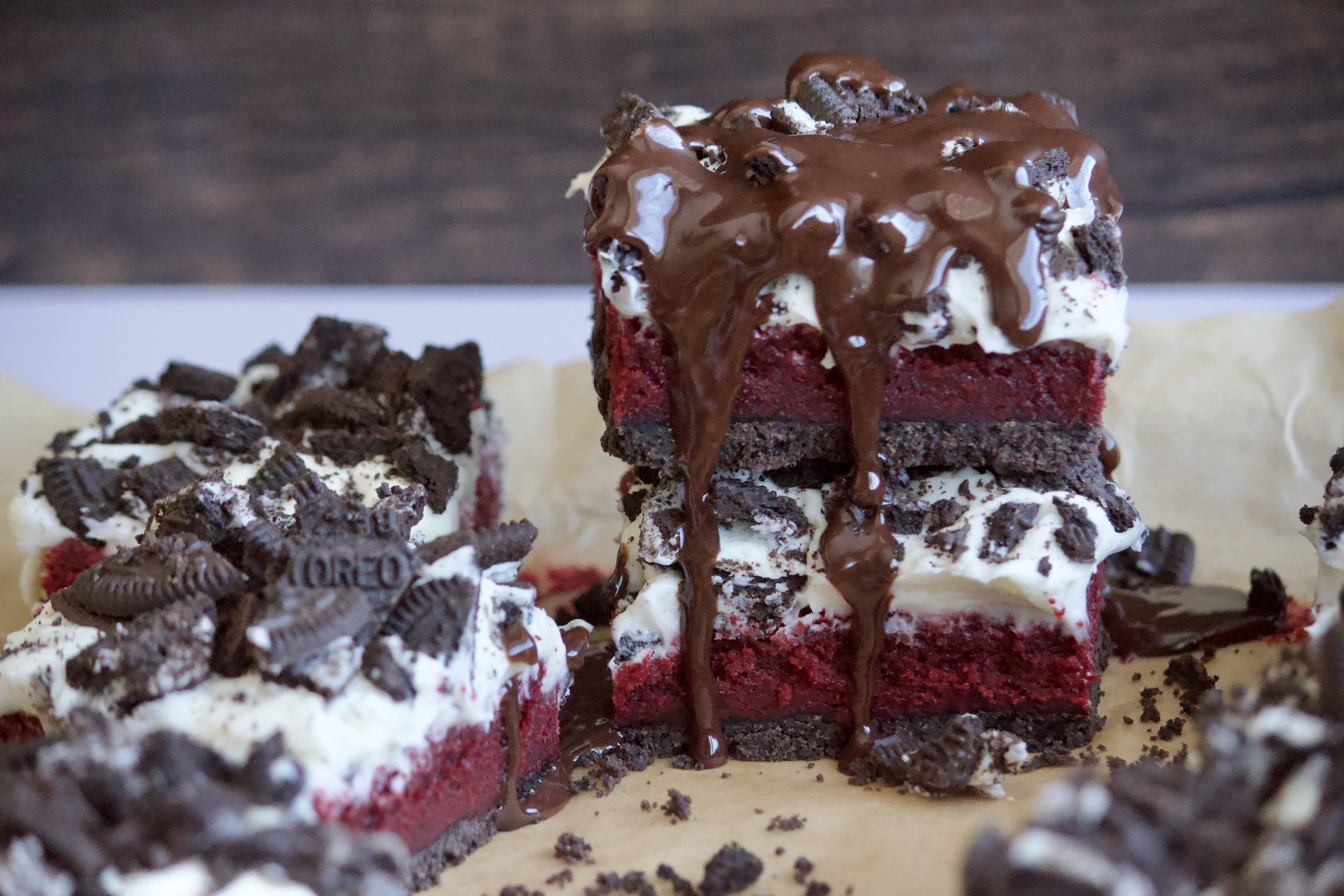 Gluten-Free Red Velvet Oreo Brownies w/ White Chocolate Cream Cheese Frosting