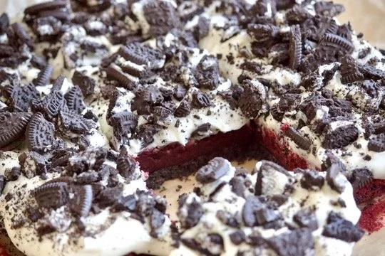 red velvet oreo brownies with cream cheese frosting