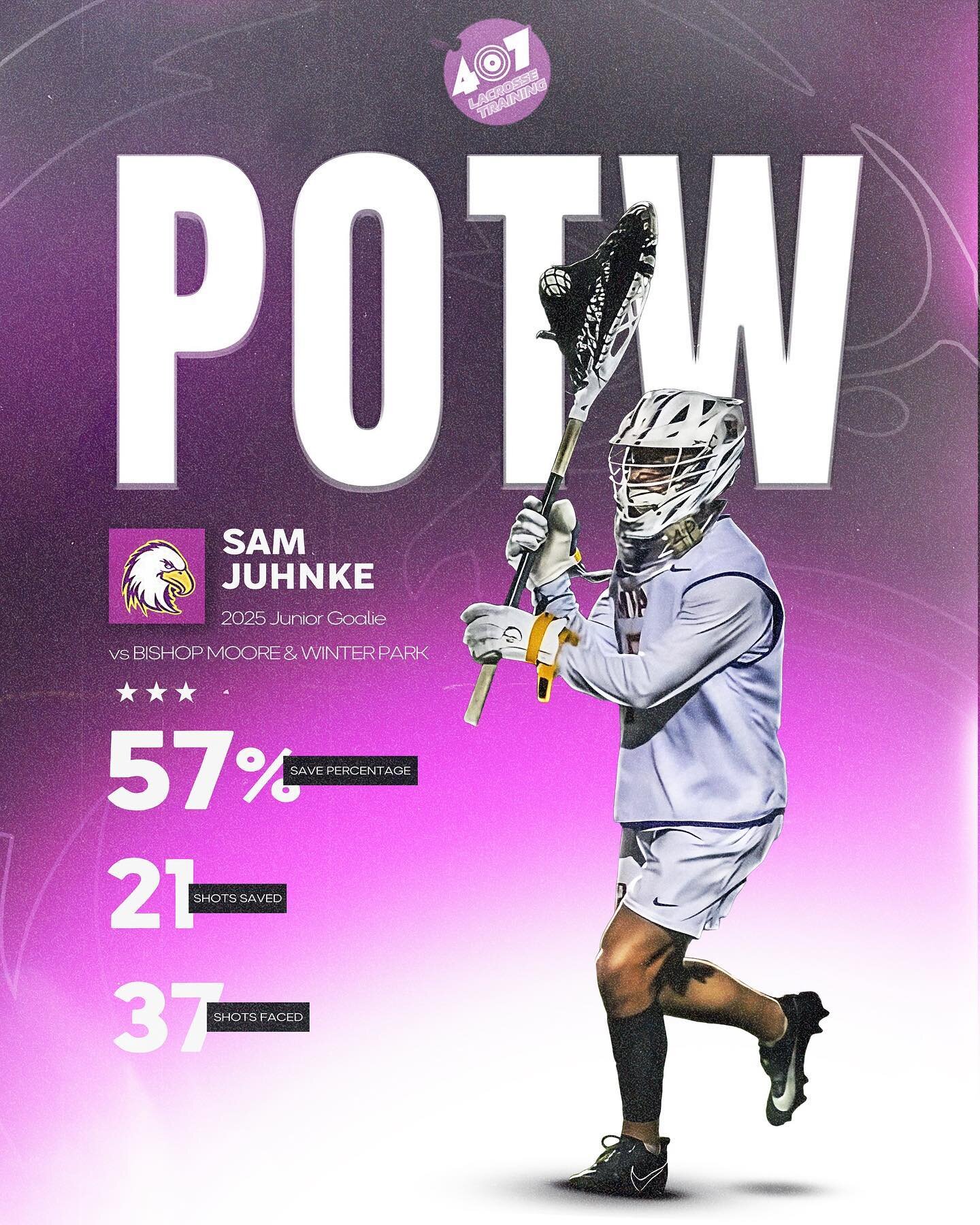 The Votes are in&hellip; Congratulations to @samjuhnkee on being the first 407 Lacrosse Player of The Week 🦅 🔥. Sam stood on his head against Bishop Moore and Winter Park, making 21 saves on 37 shots. The Apopka native is definitely someone to keep