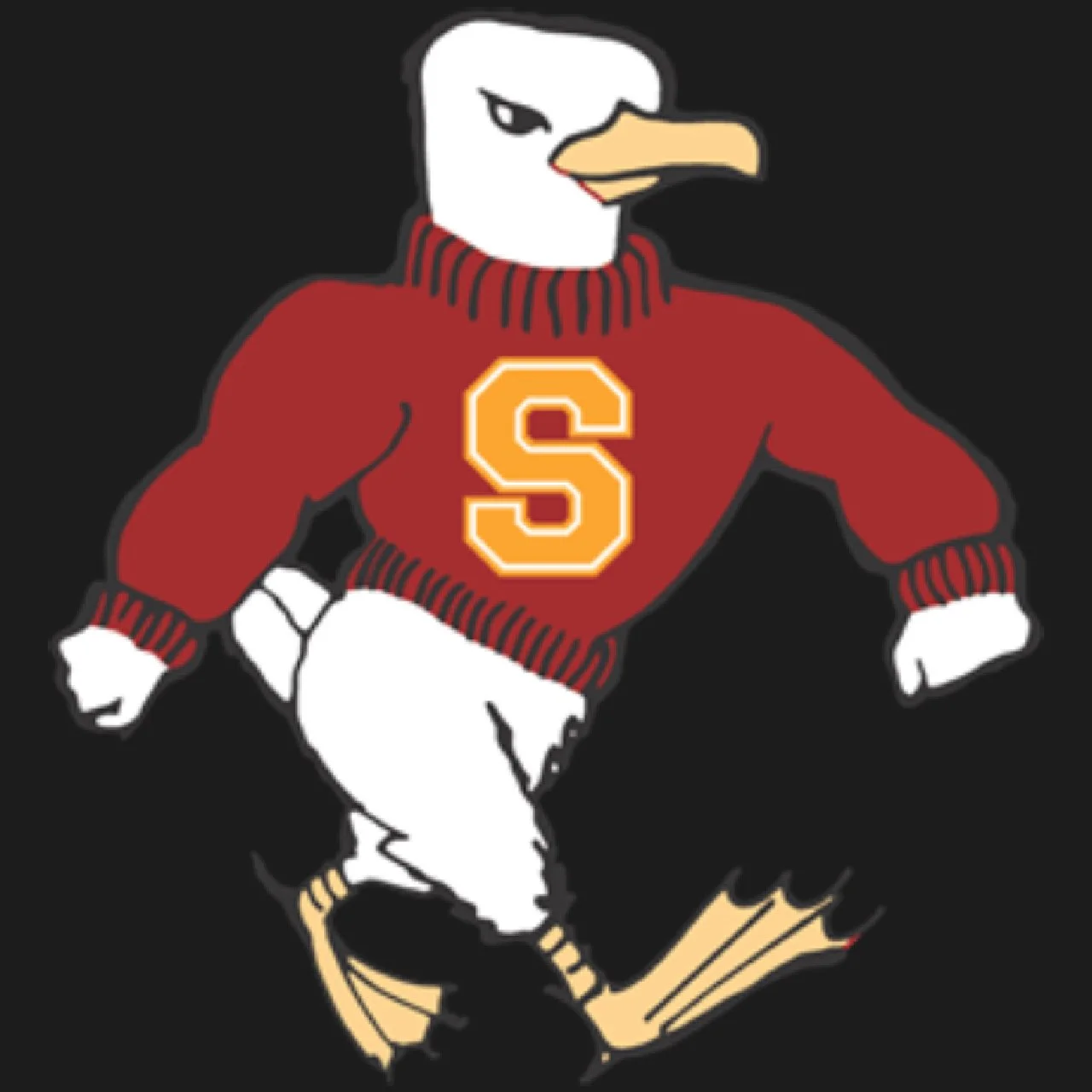 Illustration of an anthropomorphic eagle wearing a red sweater with a yellow letter 'S' on the front, black background.