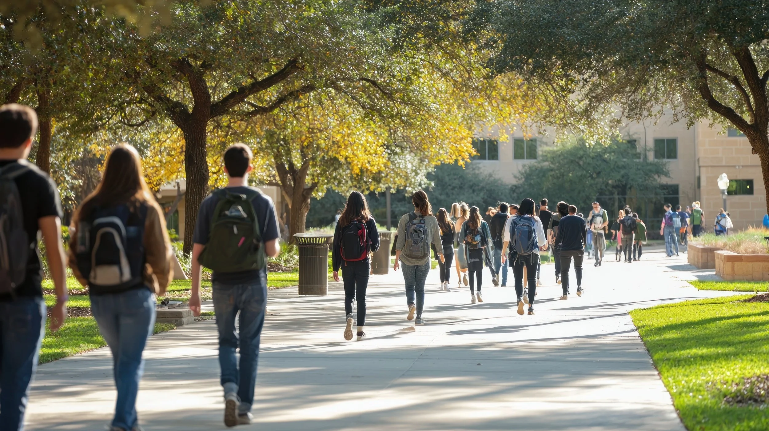 Students walking between classes on a tree-lined college campus in afternoon sunlight.