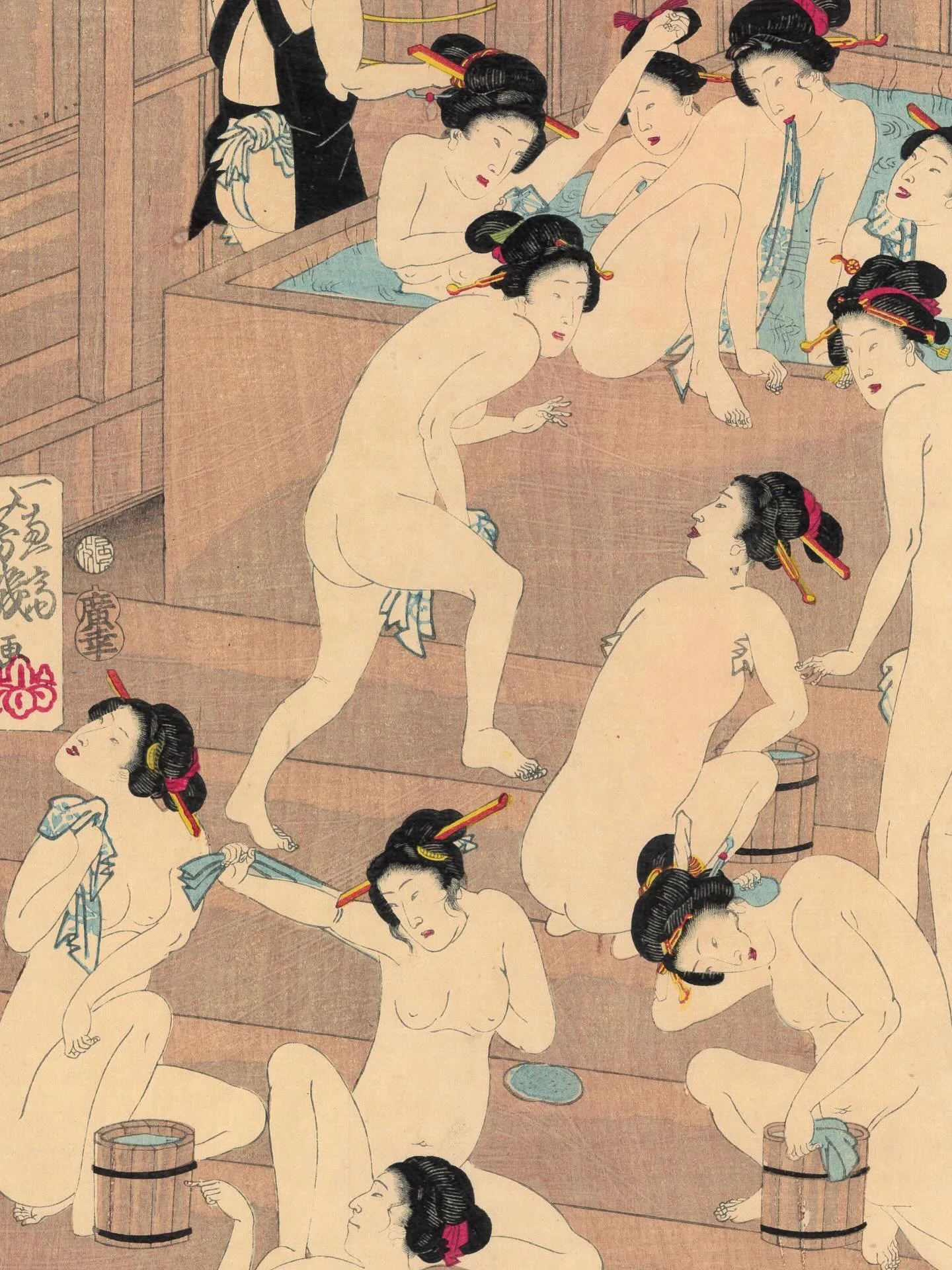 Naked ladies! Naked ladies everywhere!

The bathhouse print was something of a sub-genre in Ukiyo-e, linking traditional woodblock print designs with Shunga, or erotic prints. It allowed artists to display the female form without being explicitly sex