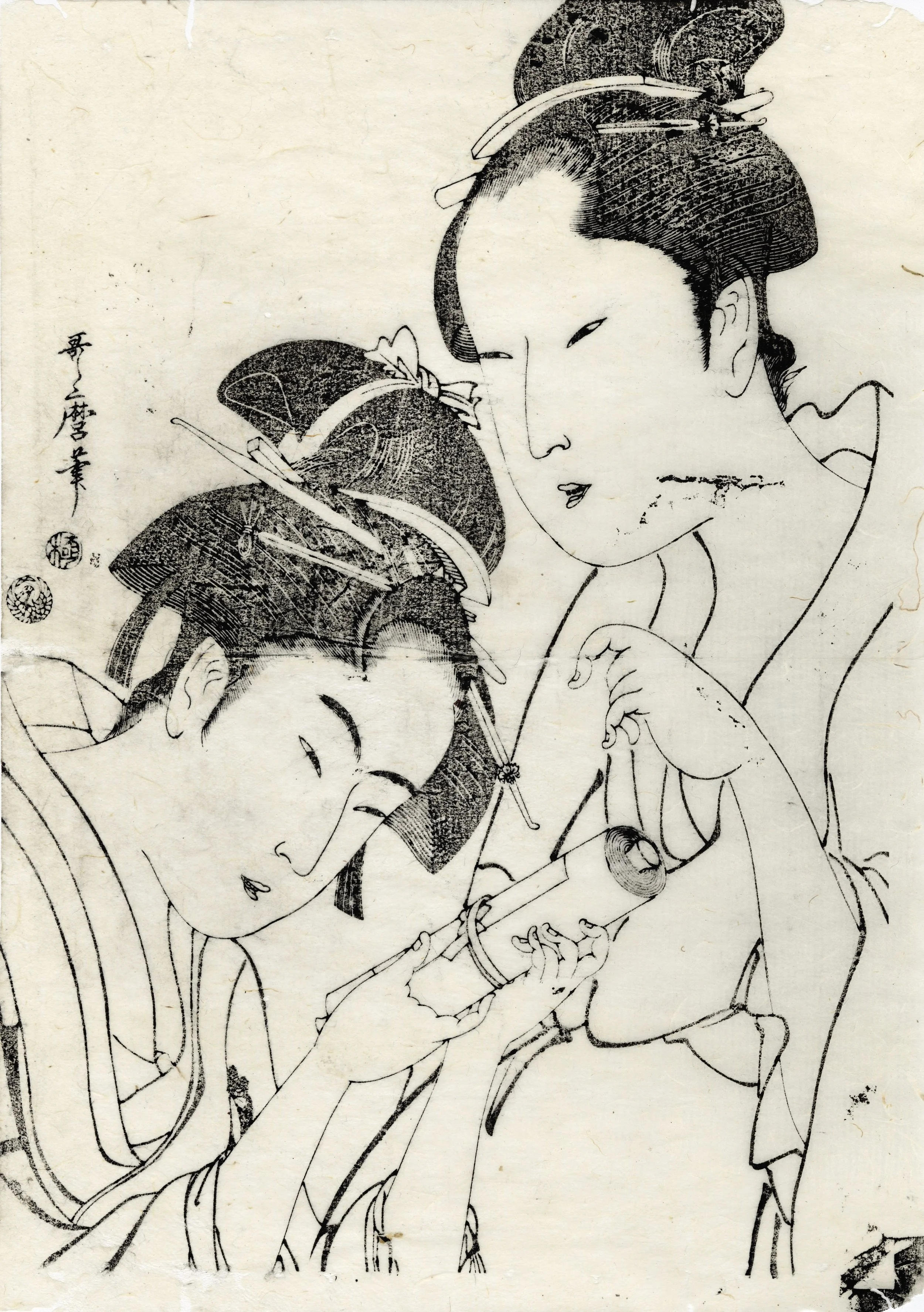 Utamaro | Key Block Print: Two Beauties: Naniwaya Okita & Ofuji
