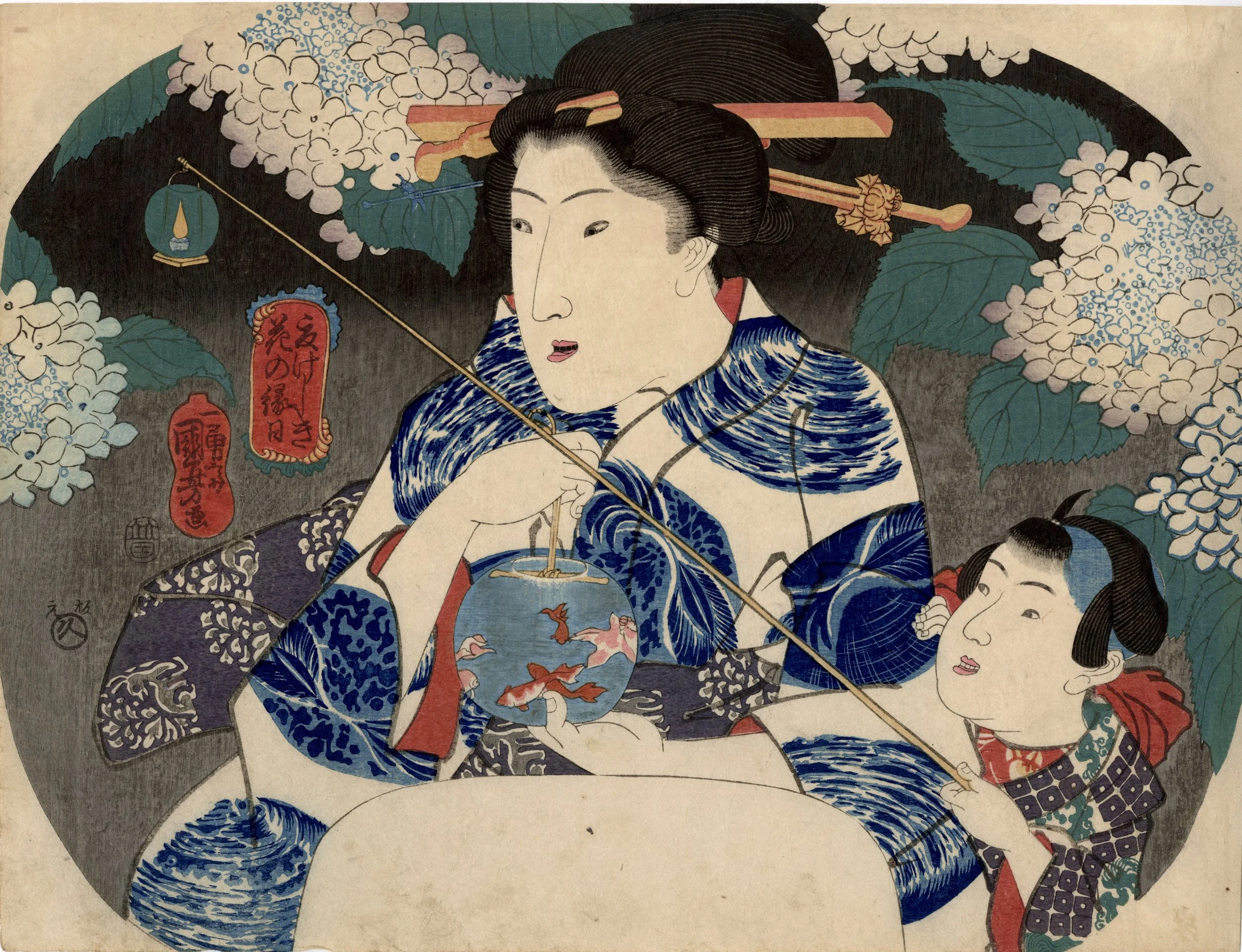 Kuniyoshi | Fan Print: Hydrangeas, Summer Flower Festival