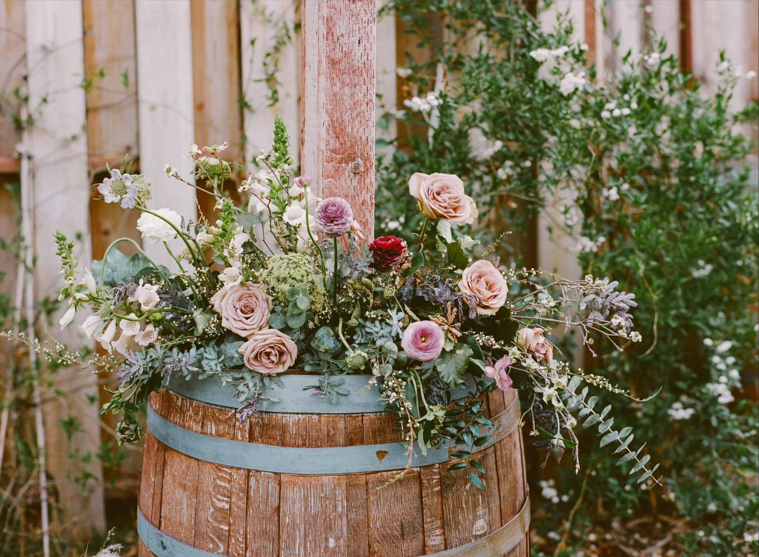 Wedding flowers on barrel 