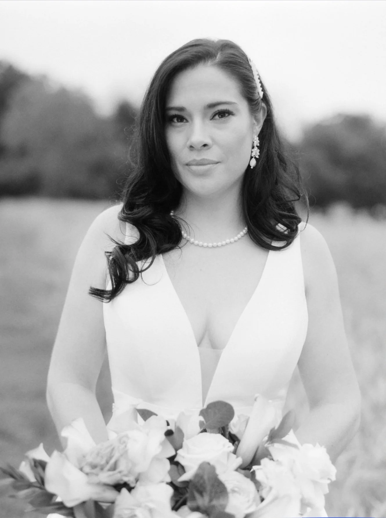 Black and white photo of bride