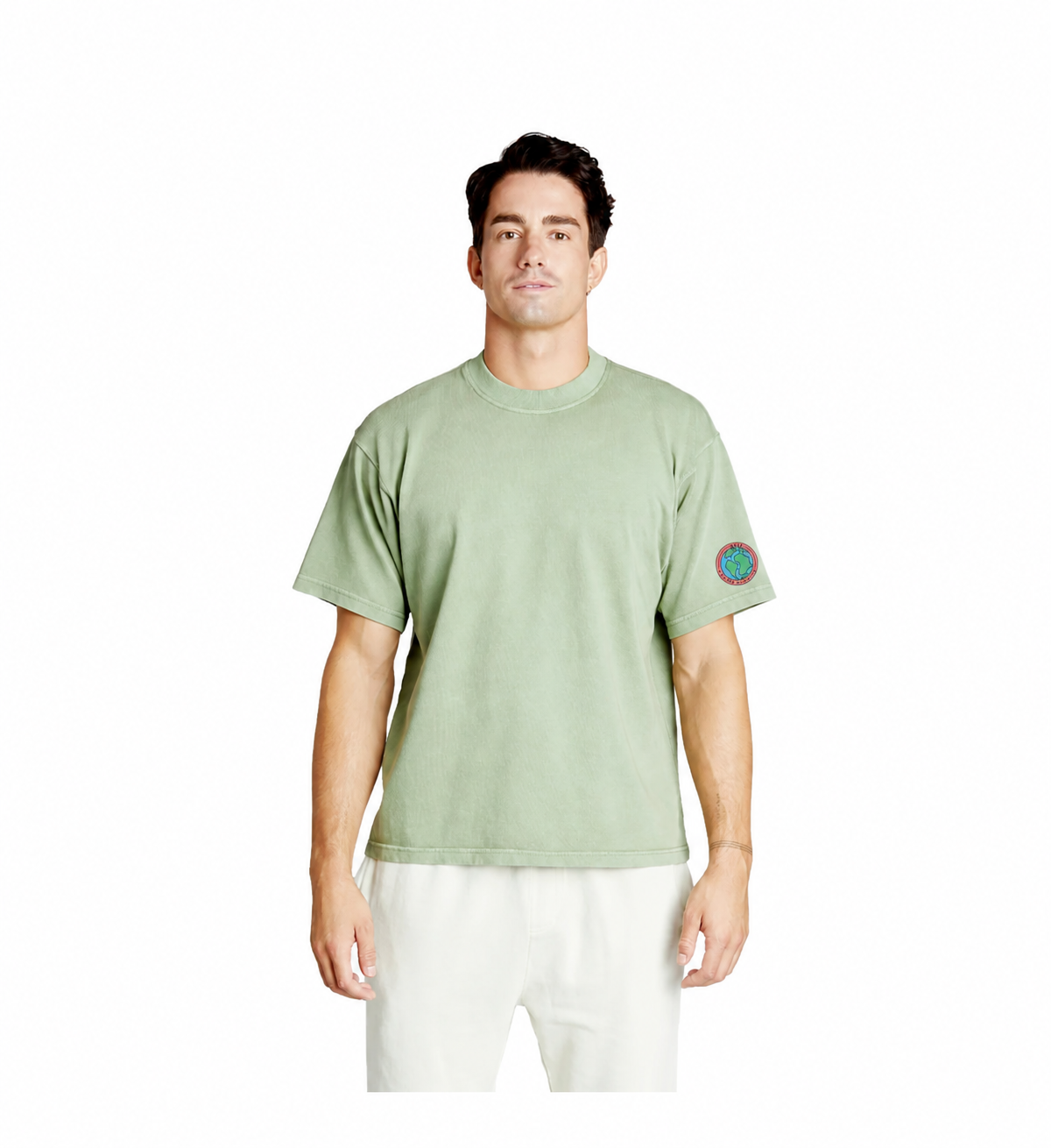 Sage T-shirt with sleeve globe logo.png