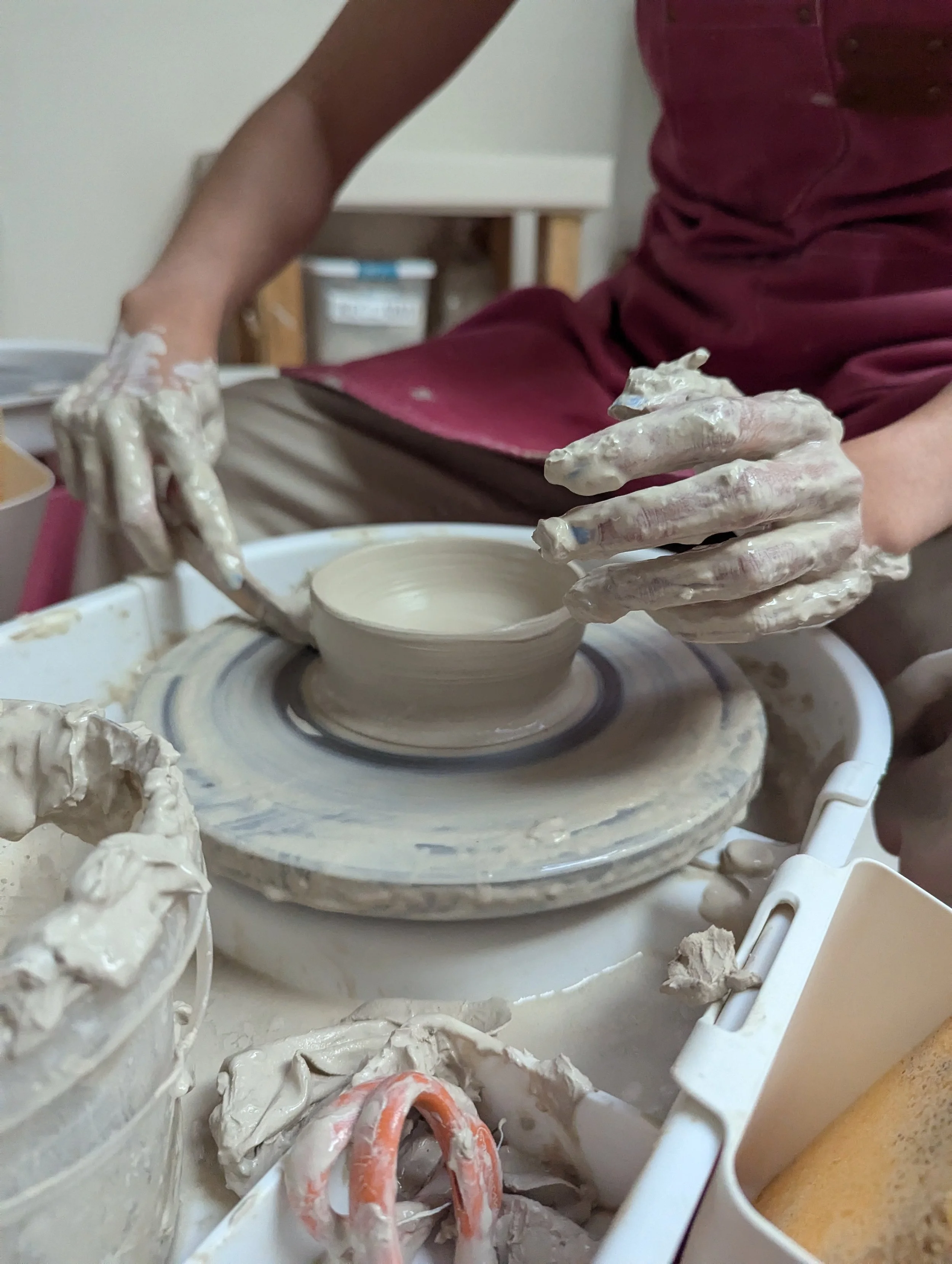 Private pottery class, throwing on the potter’s wheel, hands on art class, therapeutic beginner-friendly