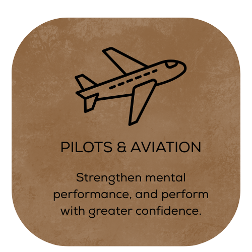 An illustration of an airplane with the text "Pilots & Aviation" and a message about strengthening mental performance and confidence.