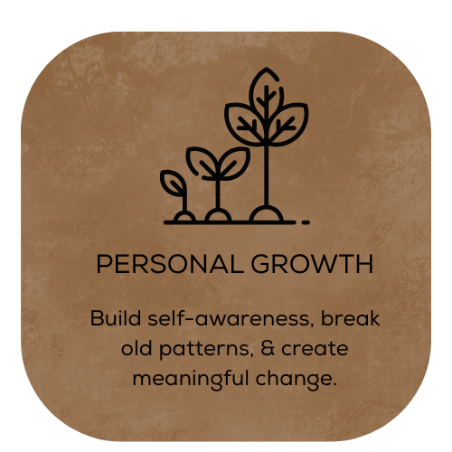 Graphic with three plant illustrations and the text 'Personal Growth: Build self-awareness, break old patterns, & create meaningful change.'