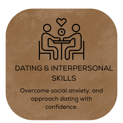 Illustration of two people sitting at a table, with a heart and clock above them, representing dating and interpersonal skills.