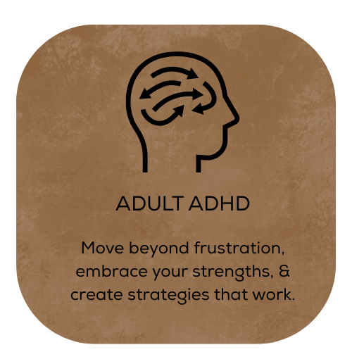 Illustration of a human head with arrows symbolizing thought processes, titled 'Adult ADHD', with the message 'Move beyond frustration, embrace your strengths, & create strategies that work.'