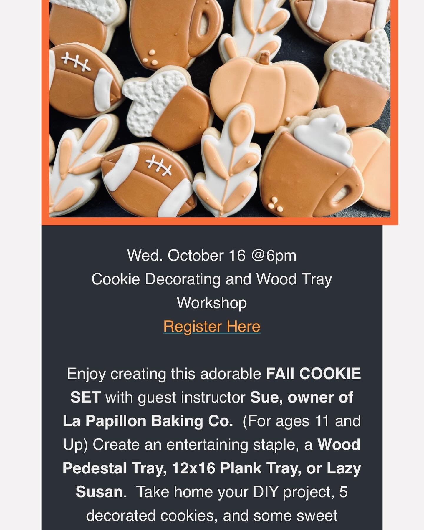 Come join my fall cookie decorating class @arworkshopmilton on October 16th! Link below:
https://www.arworkshop.com/events/milton/458447