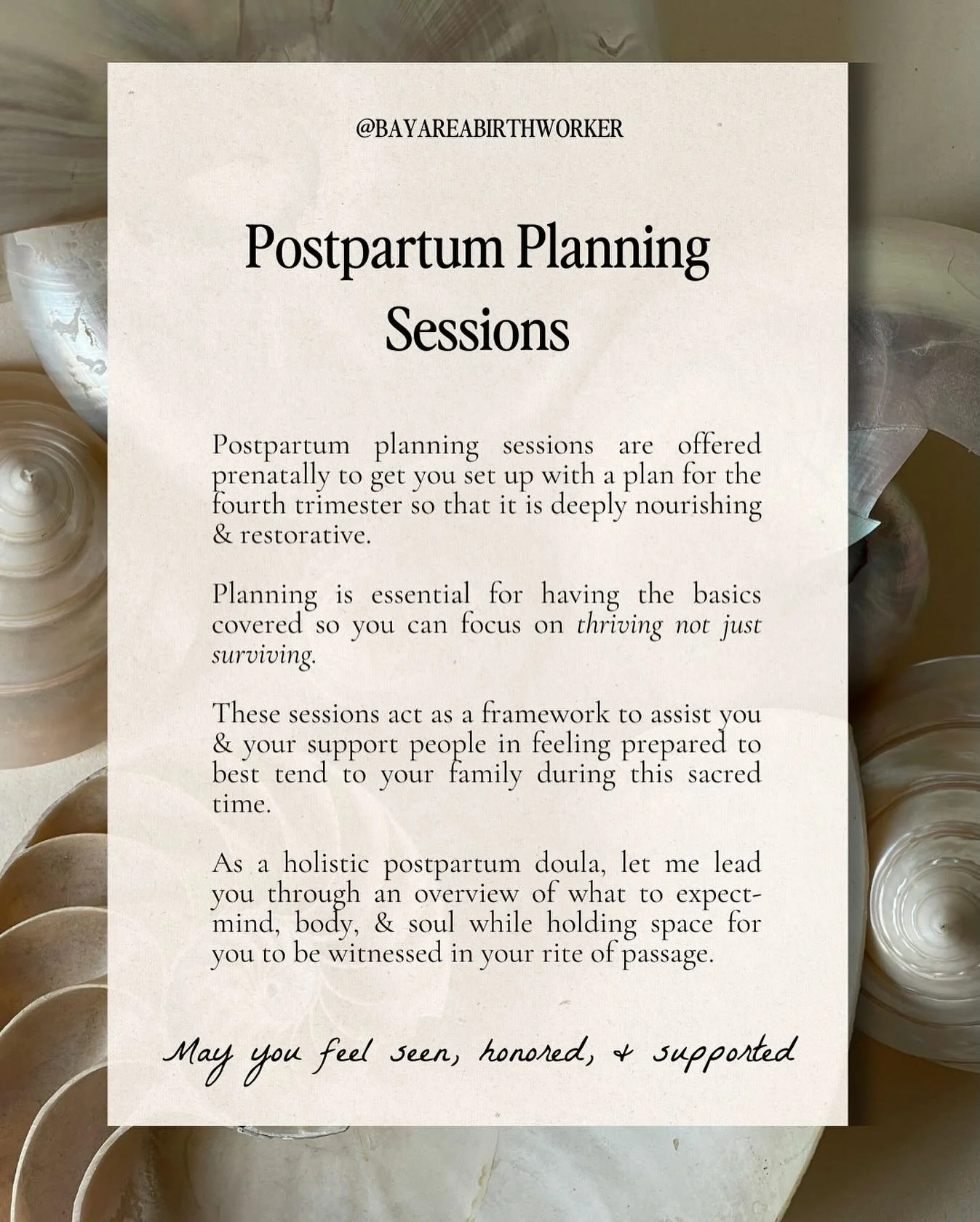 New offering! Postpartum planning sessions

I&rsquo;m now offering postpartum planning sessions to get you set up with a plan for the fourth trimester so that it is deeply nourishing &amp; restorative. Planning is essential for having the basics cove