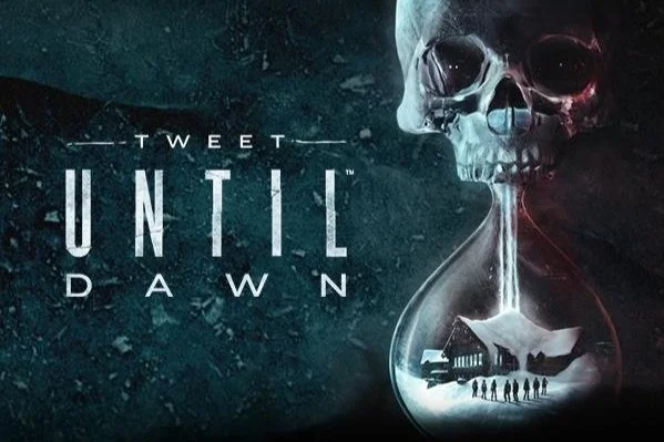 Dark, haunting digital artwork with a skull and a small house inside a glass container, with a group of people outside. The text reads 'Tweet Until Dawn'.