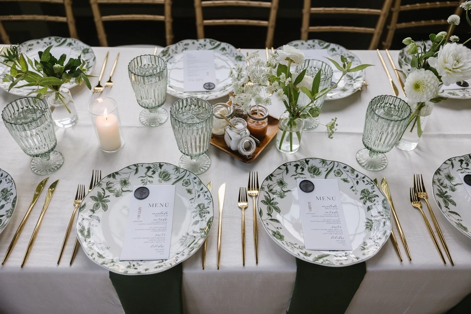 green-and-white-floral-plates-with-green-glassware-and-a-menu-at-baltimore-micro-wedding.jpg.jpg