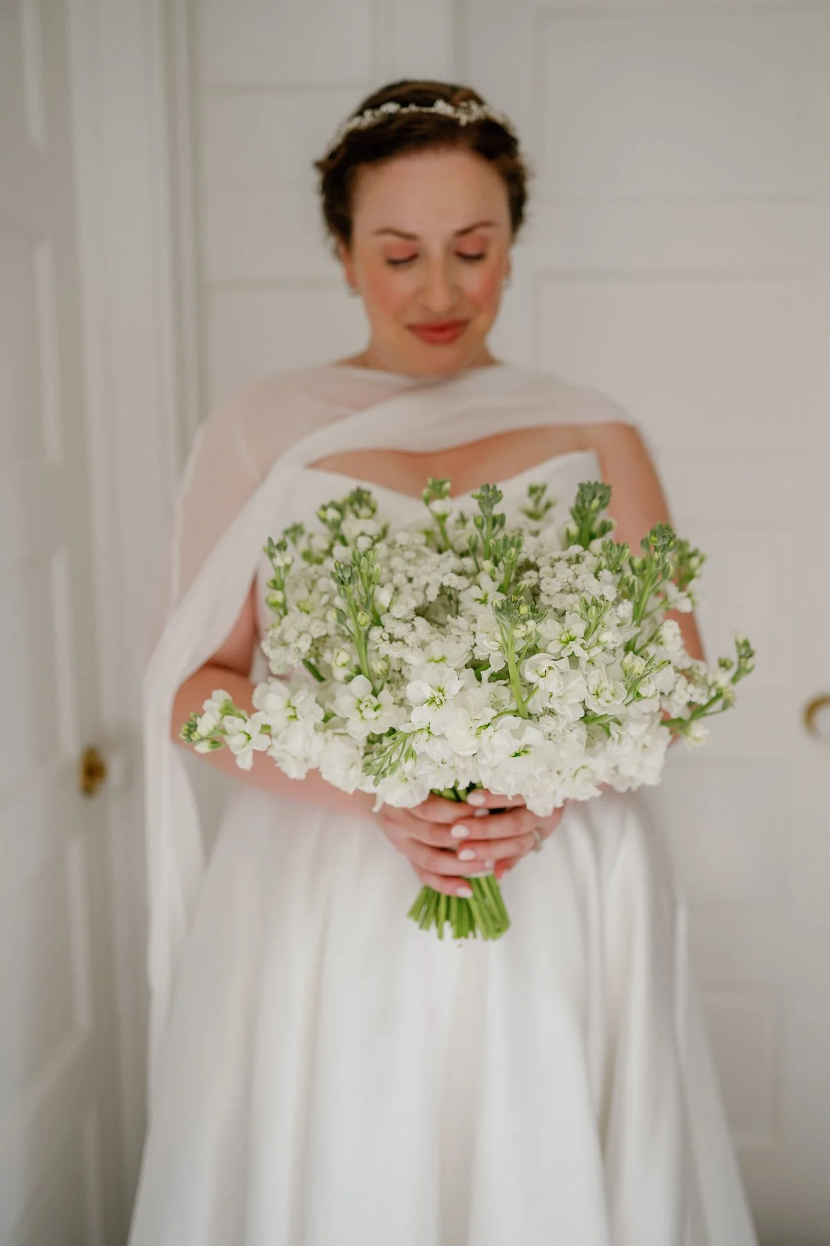  White stock and baby's breath bouquet at a Goodstone Inn micro wedding in Middleburg, Virginia 