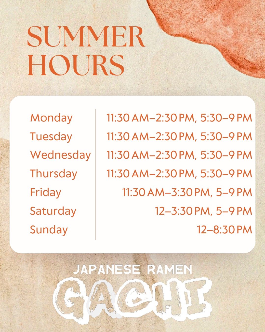 Check out our NEW summer hours at Japanese Ramen Gachi 🍜