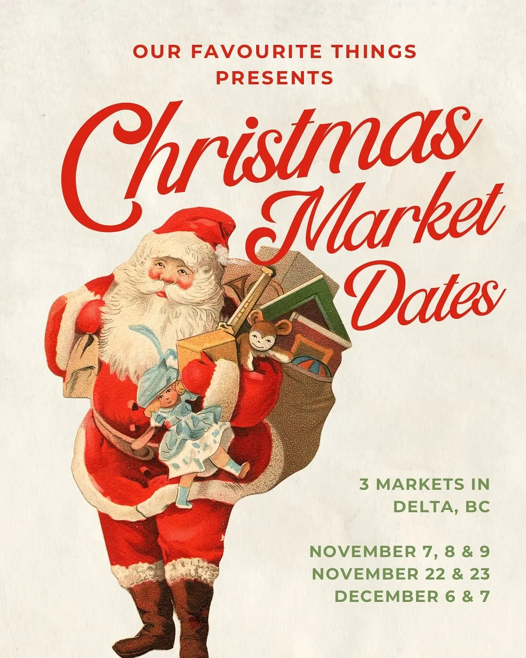 Our last three markets of the year are coming up soon! Mark your calendars for some holiday magic:

- @handpickedfortheholidays on Nov 7, 8 &amp; 9
- Christmas at Southlands by @thecollectivemarkets on Nov 22 &amp; 23 with a magical Christmas tree li