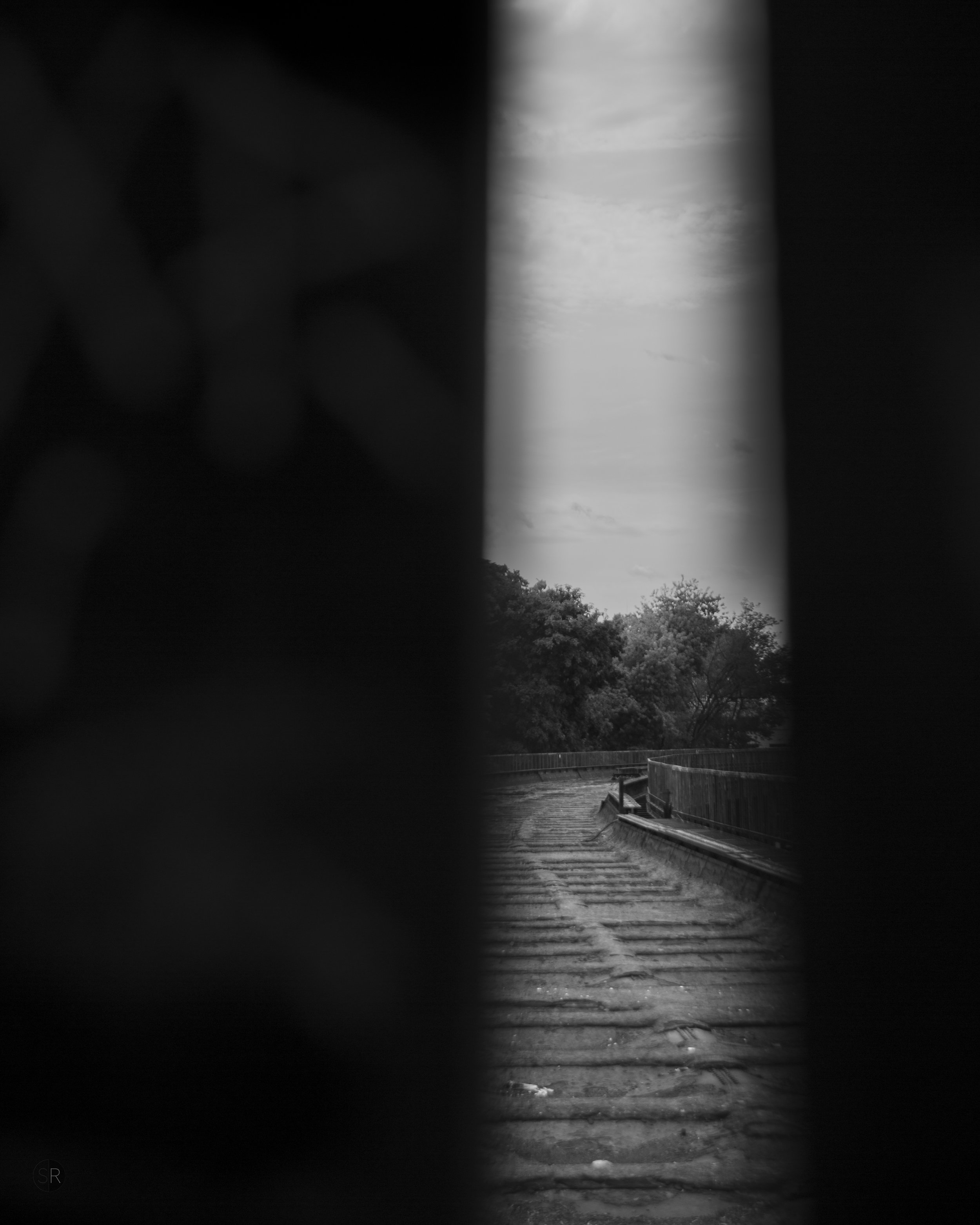 Black and white photograph of a railroad track viewed through a narrow opening, with trees and sky in the background.