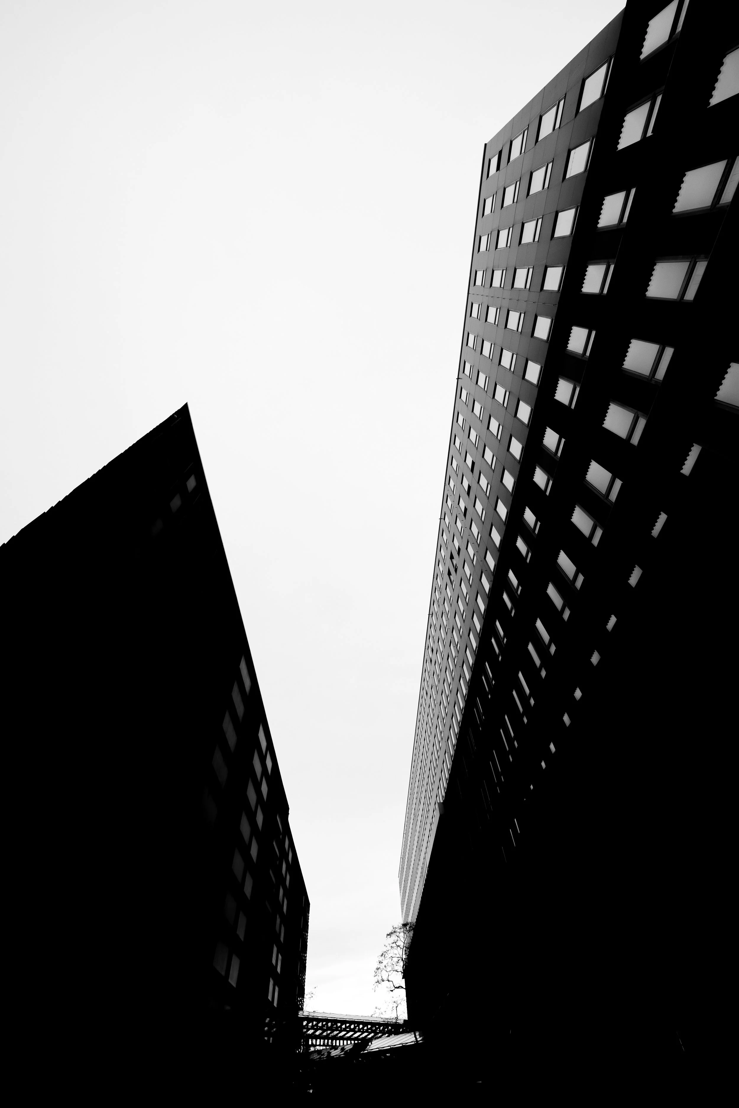 Black and white photo of tall buildings with a clear sky in the background, taken from a low angle.