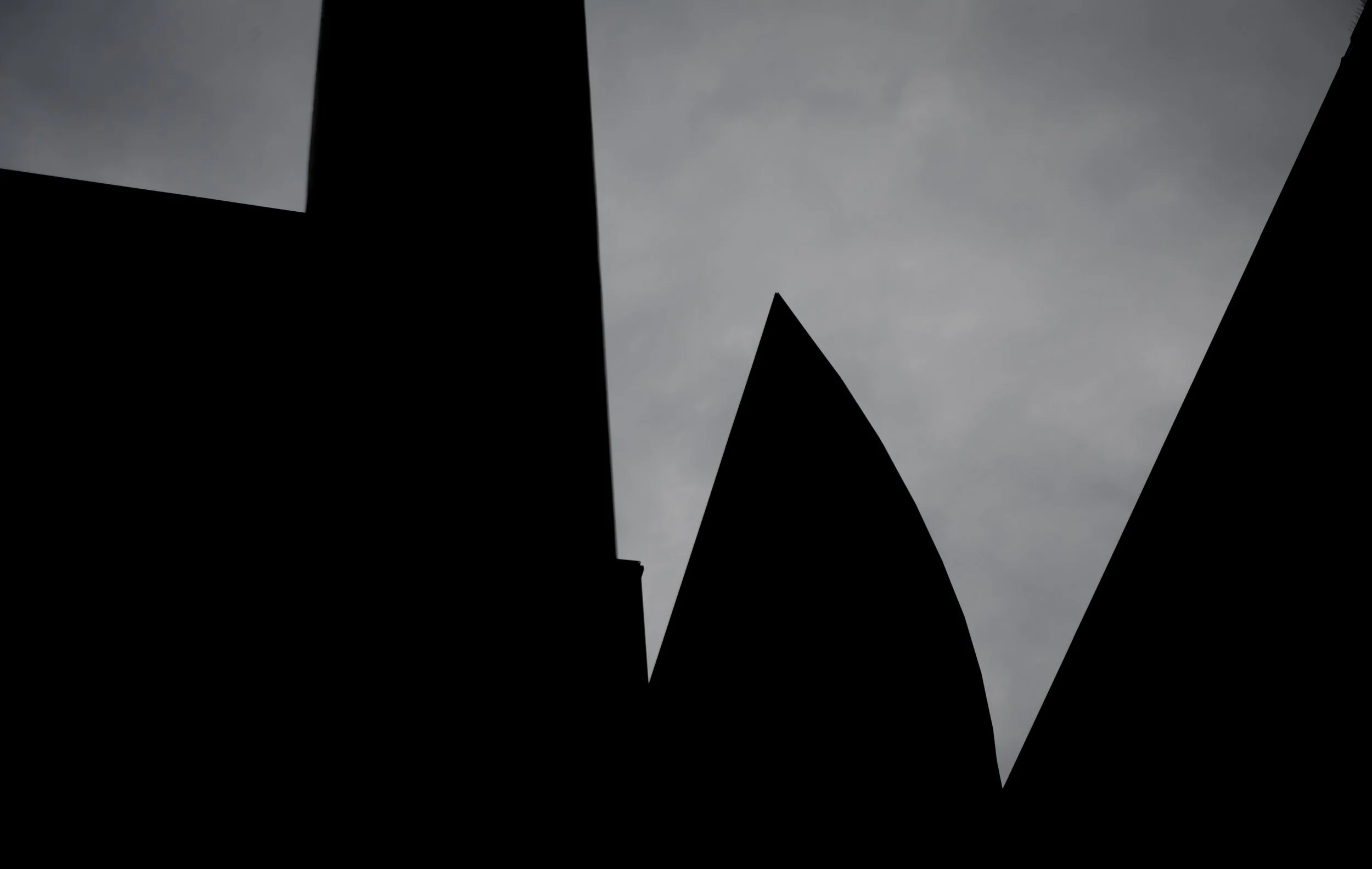 Silhouetted building rooftops against a cloudy gray sky.