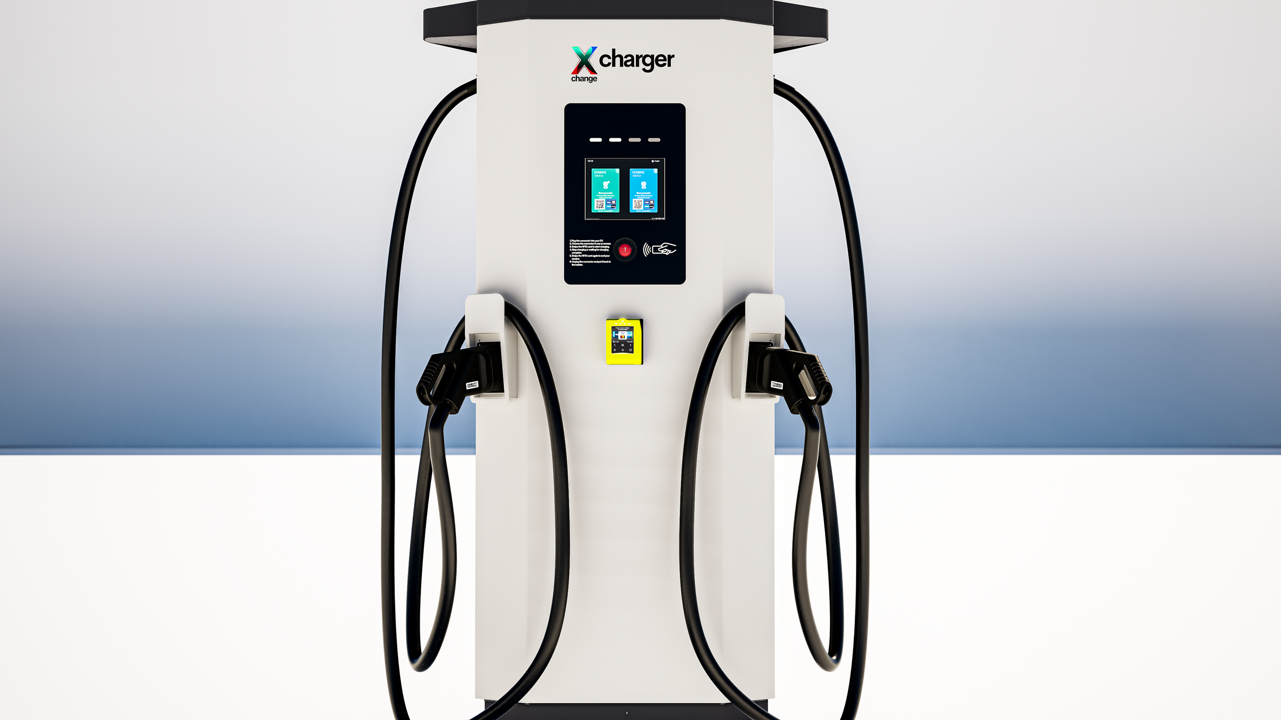 Frontowe drzwi serwisowe stacji ładowania DC Xchange Ambient 180kW z podwójnymi kablami ładowania.