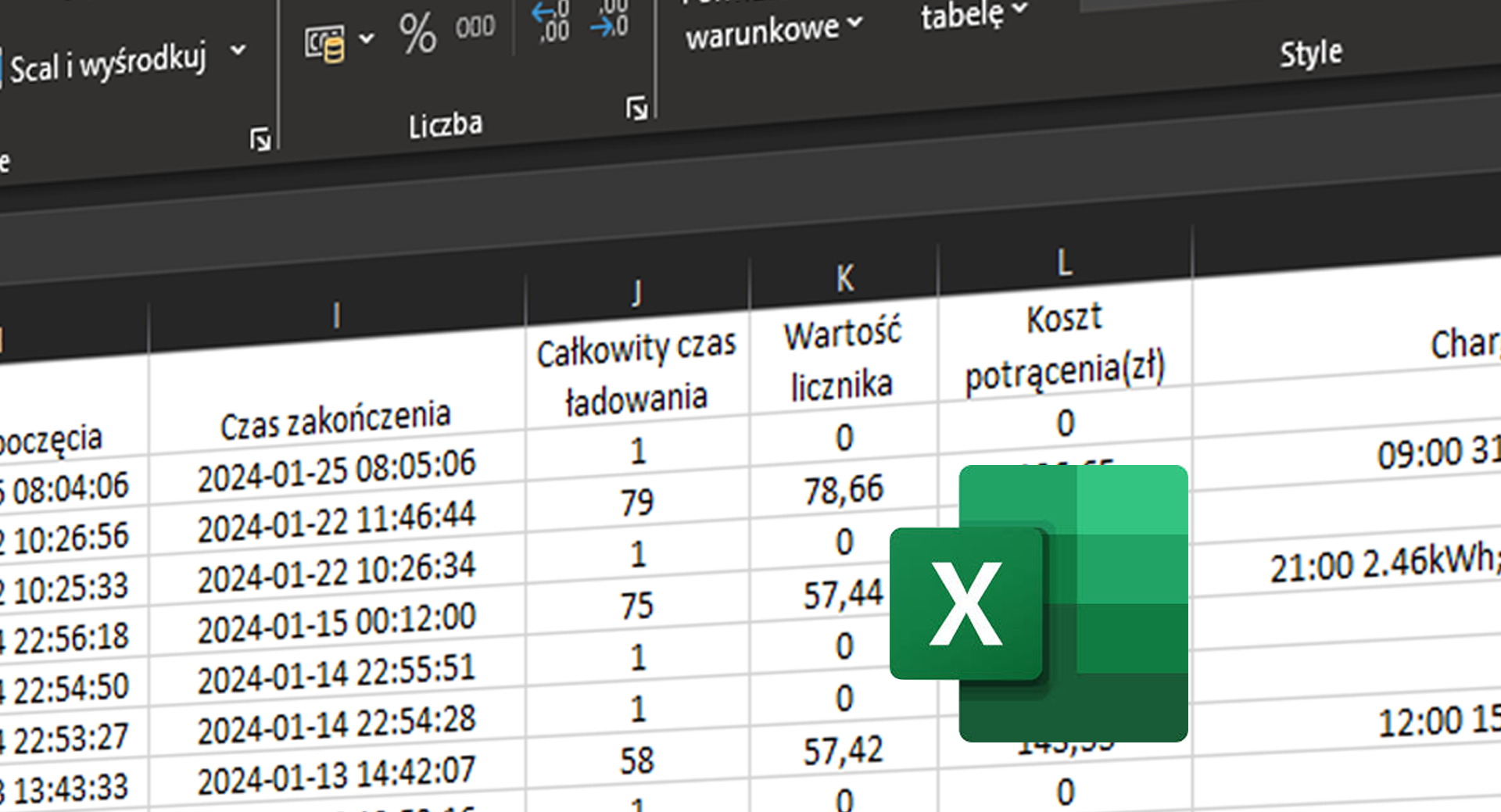 Raport transakcji i zużycia energii w pliku Excel