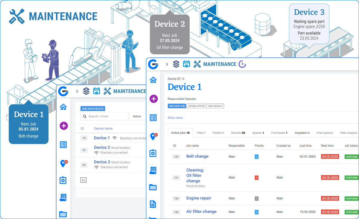 Image of our Maintenance feature different dashboard view types showing all devices and ofcourse in depth into each specific device to plan the maintenance quickly and easily
