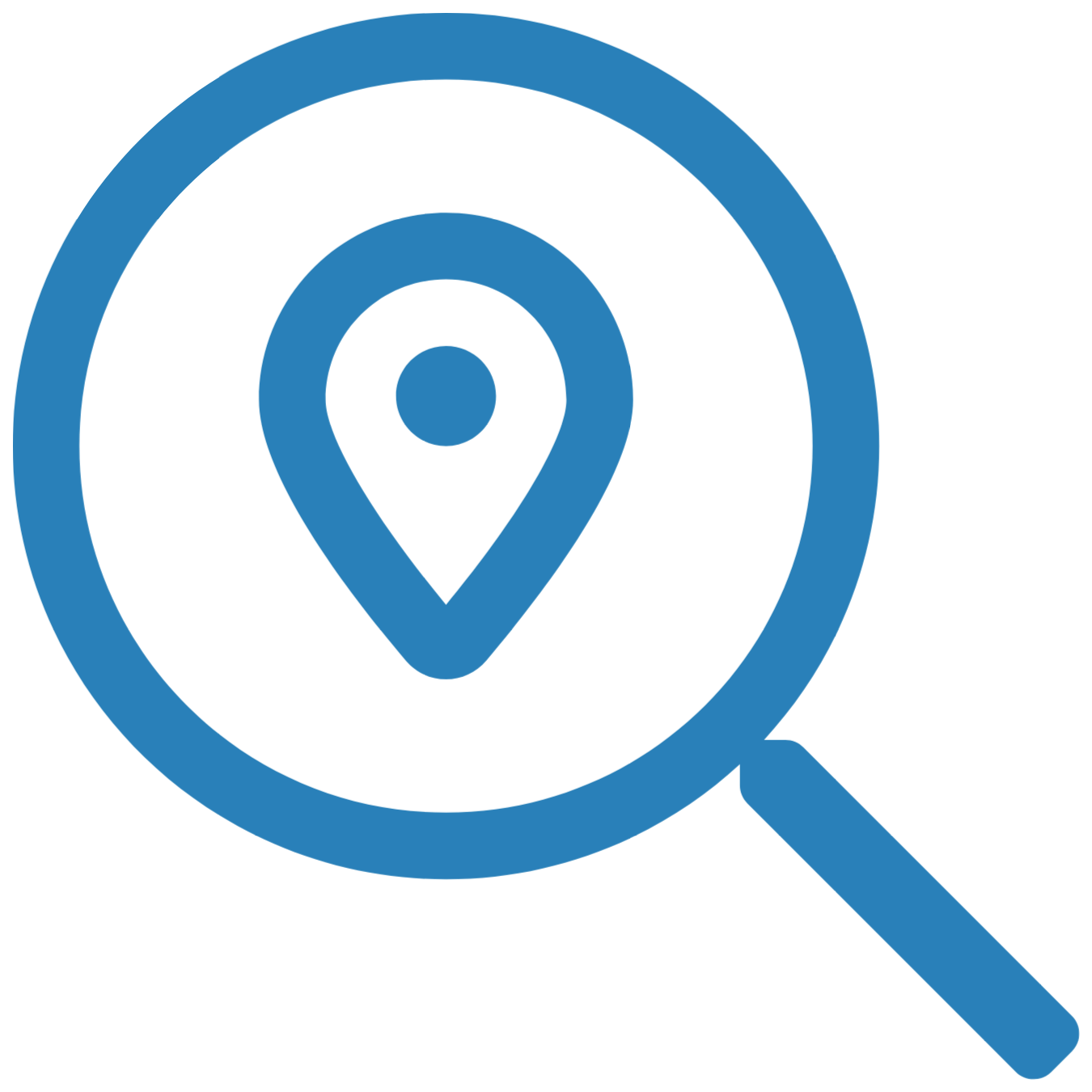 Szkło powiększające z ikoną pinezki lokalizacji reprezentującą widoczność zapasów maszyn i części zamiennych.