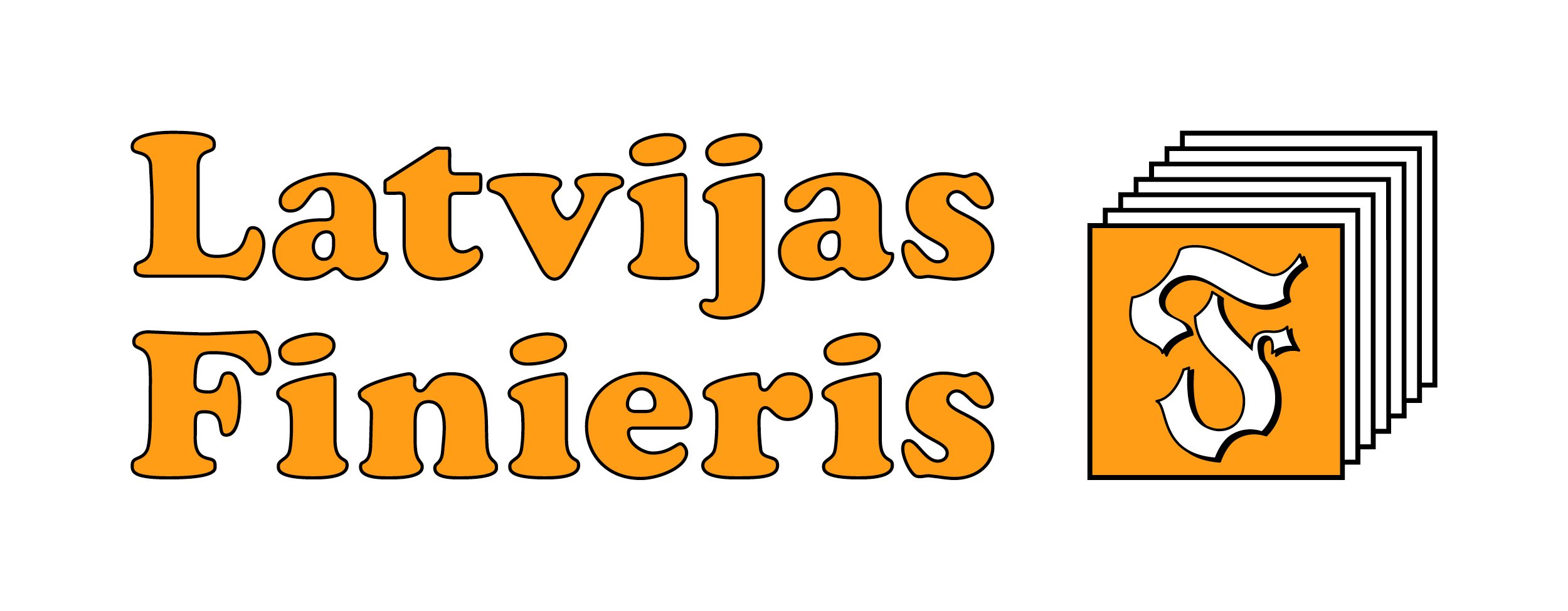 Latvijas Finieris logo with orange text and emblem featuring overlapping sheets.
