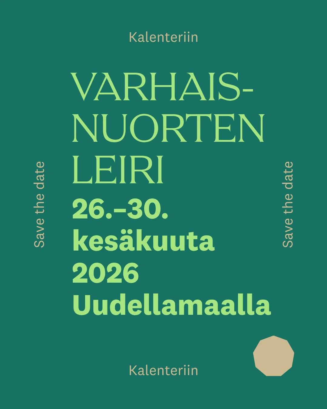 Seuraava varhaisnuorten leiri pidet&auml;&auml;n Uudellamaalla 26.&ndash;30.6.2026. Varhaisnuorten ohjelma jatkuu kes&auml;koulussa 2.&ndash;5.7. Korpilahdella. Varaa p&auml;iv&auml;m&auml;&auml;r&auml;t kalenterista ja seuraa lis&auml;tietoja t&auml