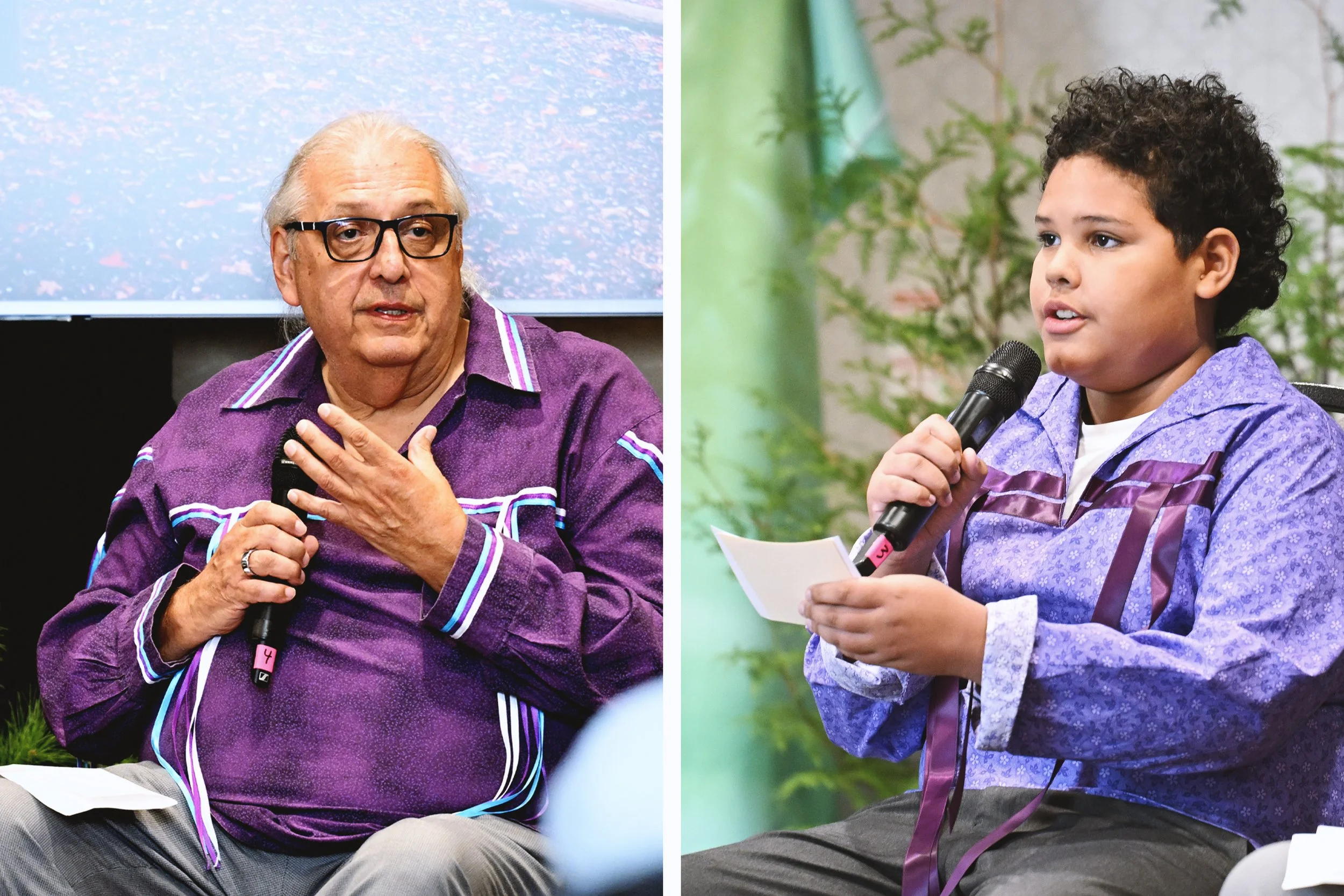 Julkistustilaisuuden alussa mohawk- ja ojibway-kansoihin kuuluva bahá’í Bob Watts pohti pojanpoikansa Nico Diazin kanssa ihmisten vastuuta huolehtia luonnosta. Kuva: Bahá’í World News Service