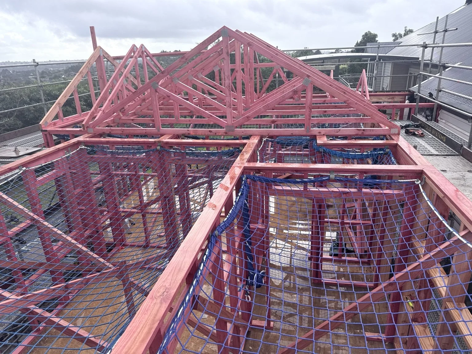 New home roof framing under construction by Mark Cooney Construction in Waikato