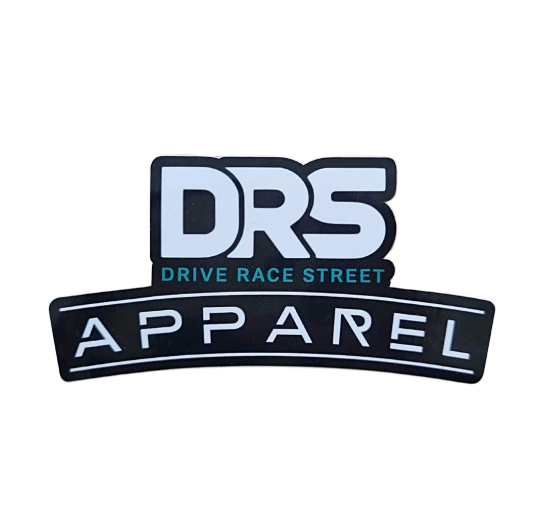 DRS Apparel official logo sticker in high-quality waterproof vinyl, featuring white and teal typography on a durable black background for automotive use, laptops, bottles, books.