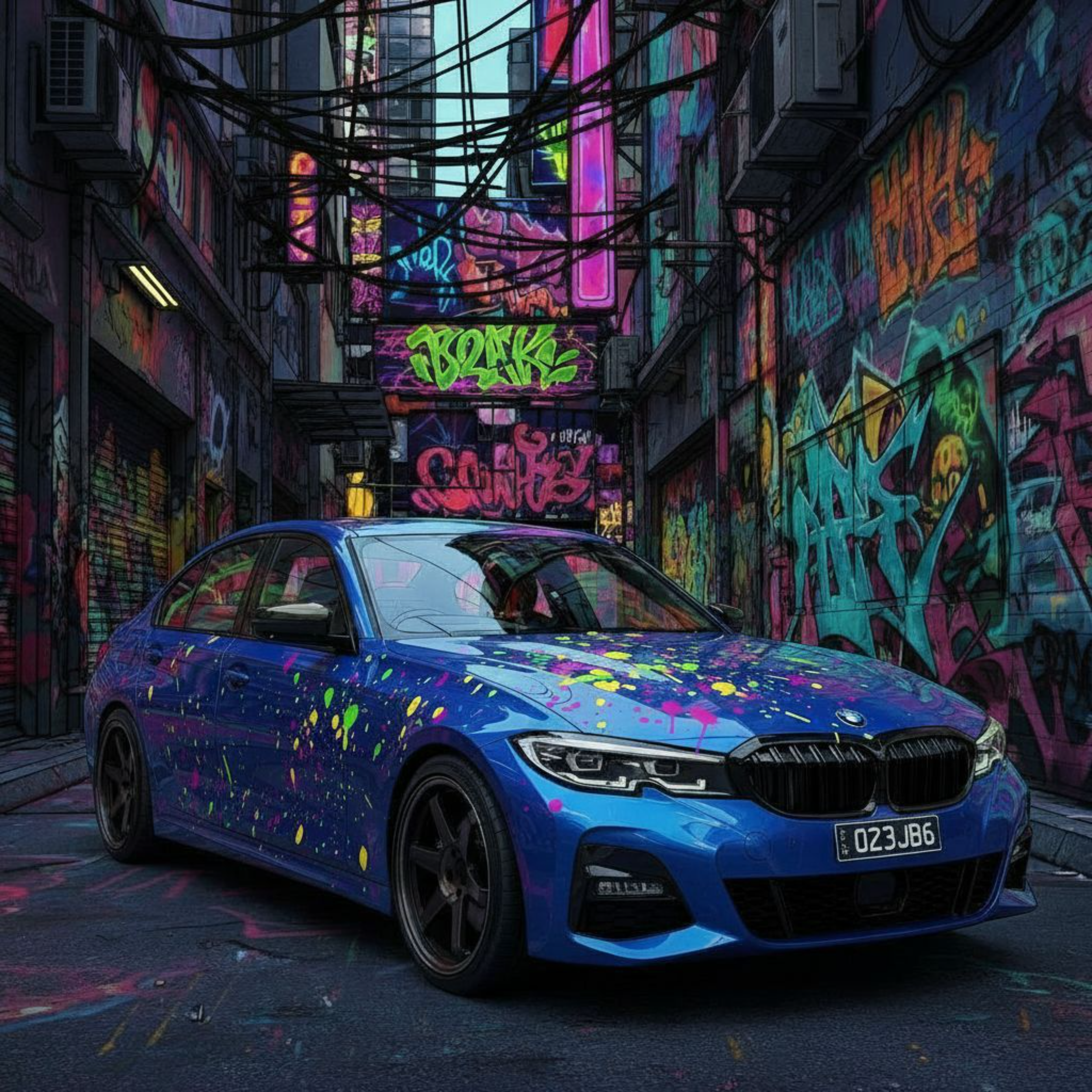 A blue BMW 330i decorated with colorful paint splatters parked in a graffiti-covered alley with vibrant neon signs overhead used as a custom print on our DRS Apparel.