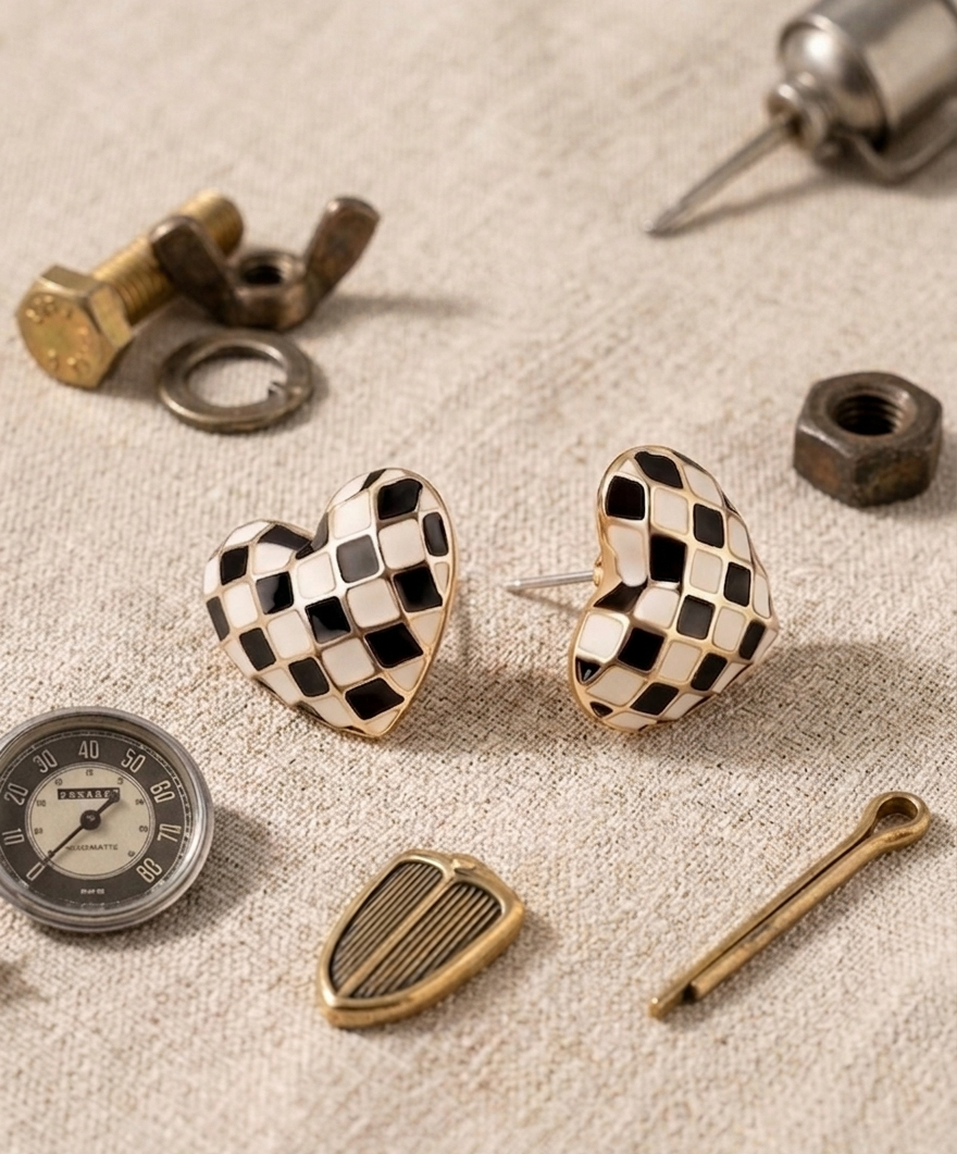 Checkered Heart Stud Earrings