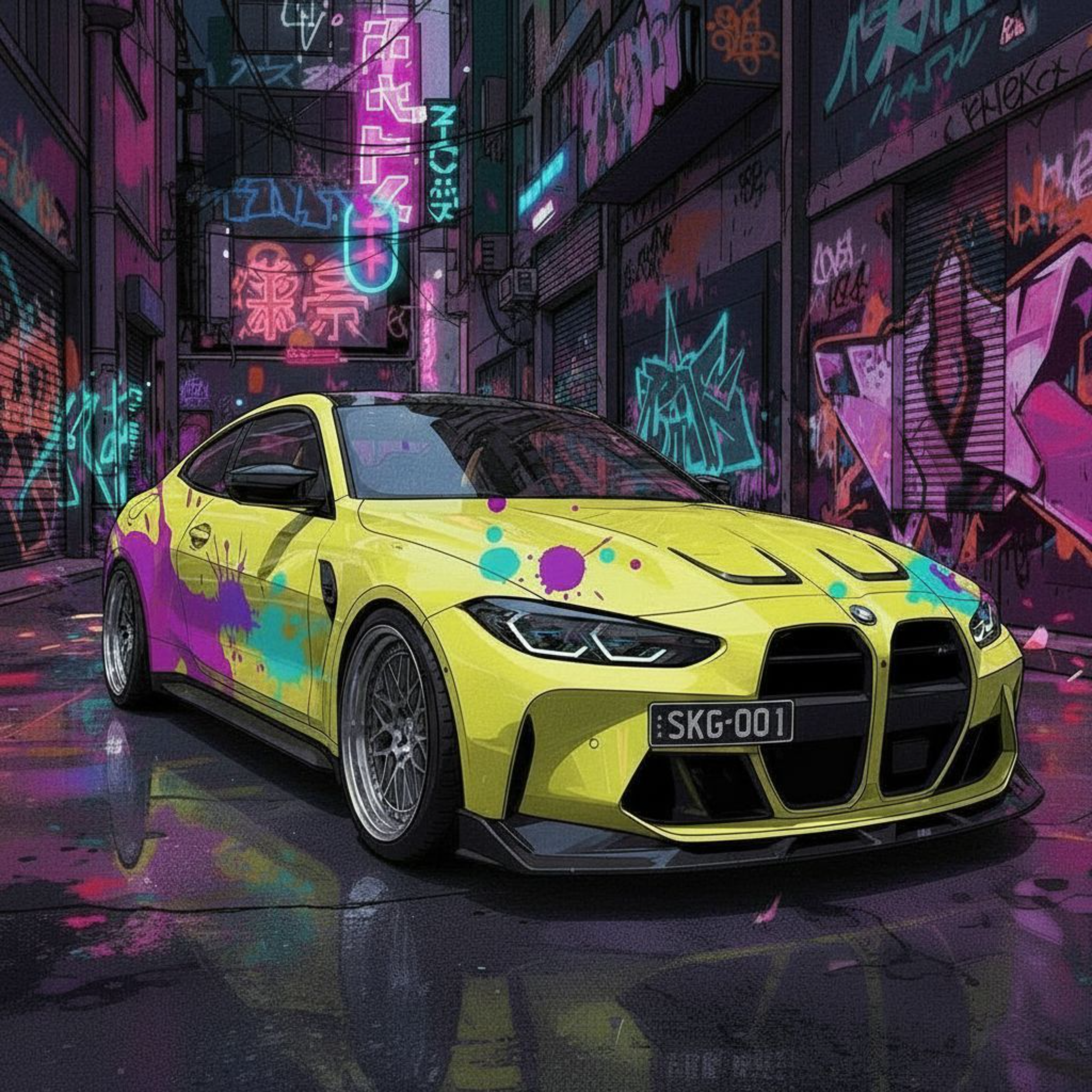 A Sau Paulo yellow BMW M4 G82 Competition sports car with colorful paint splashes parked in a neon-lit alley with graffiti-covered walls used as a custom print on our DRS Apparel.