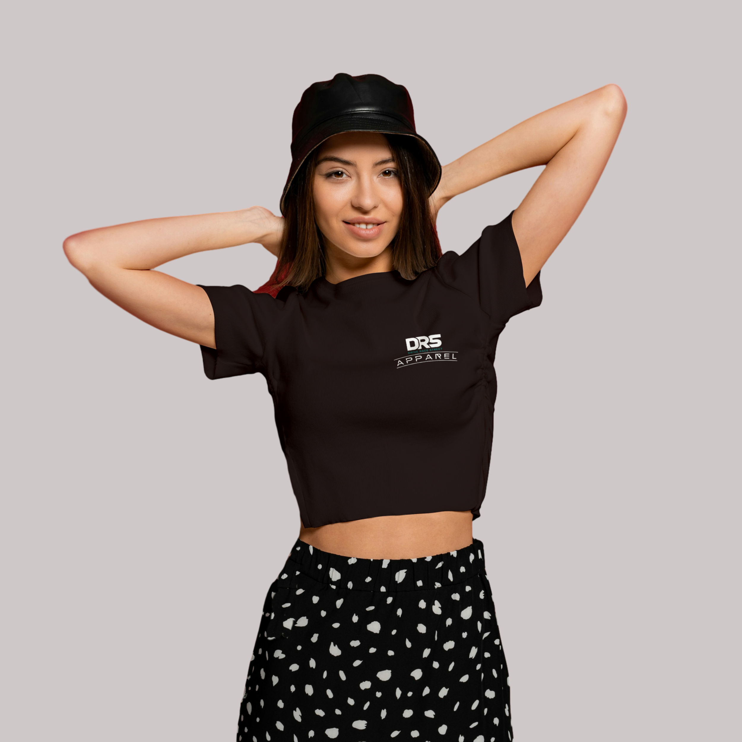 DRS Apparel custom black cropped t-shirt with official Drive Race Street logo in white and teal.