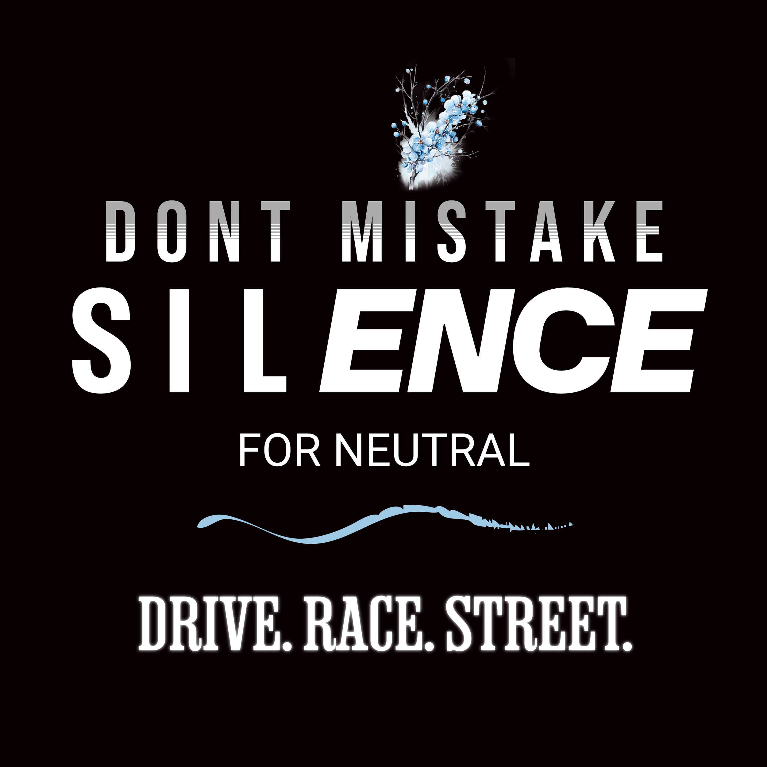 Don't Mistake Silence for Neutral black graphic image featuring white typography and the Drive Race Street slogan.
