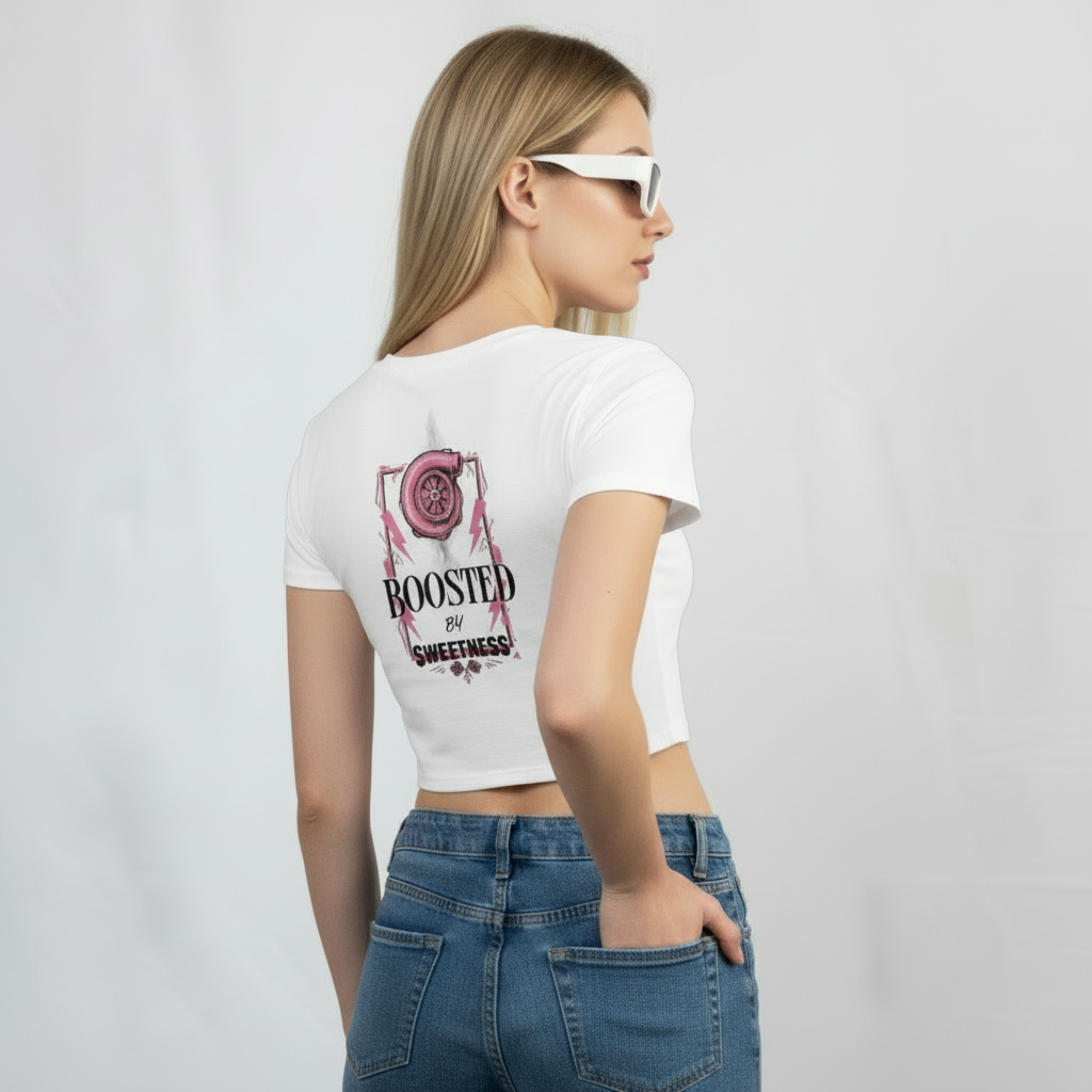 Boosted By Sweetness — White Turbo Crop Top