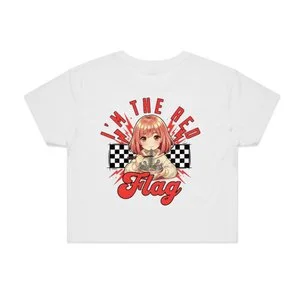 I'm the Red Flag white graphic crop top by DRS Apparel featuring a custom anime-style automotive character design.