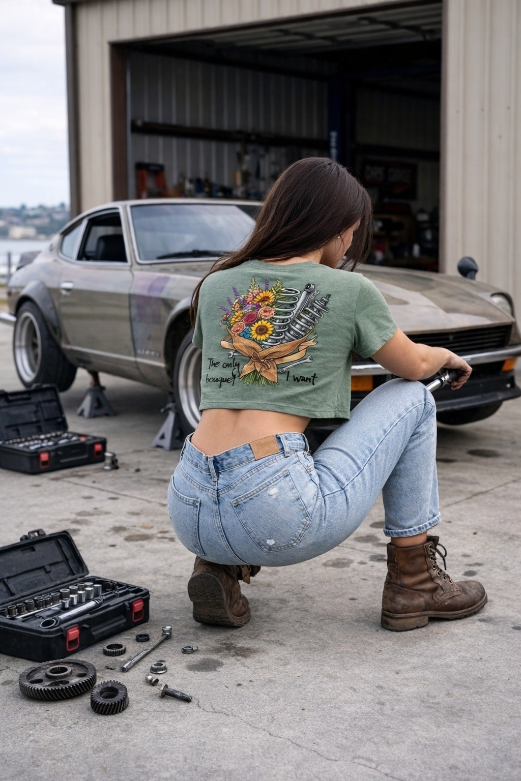 A woman wearing a sage green automotive-inspired crop tee while working on a vintage Datsun 240Z in a garage. This streetwear aesthetic mirrors the LA car culture and Southern California garage scene, featuring a mechanical bouquet graphic with coil-