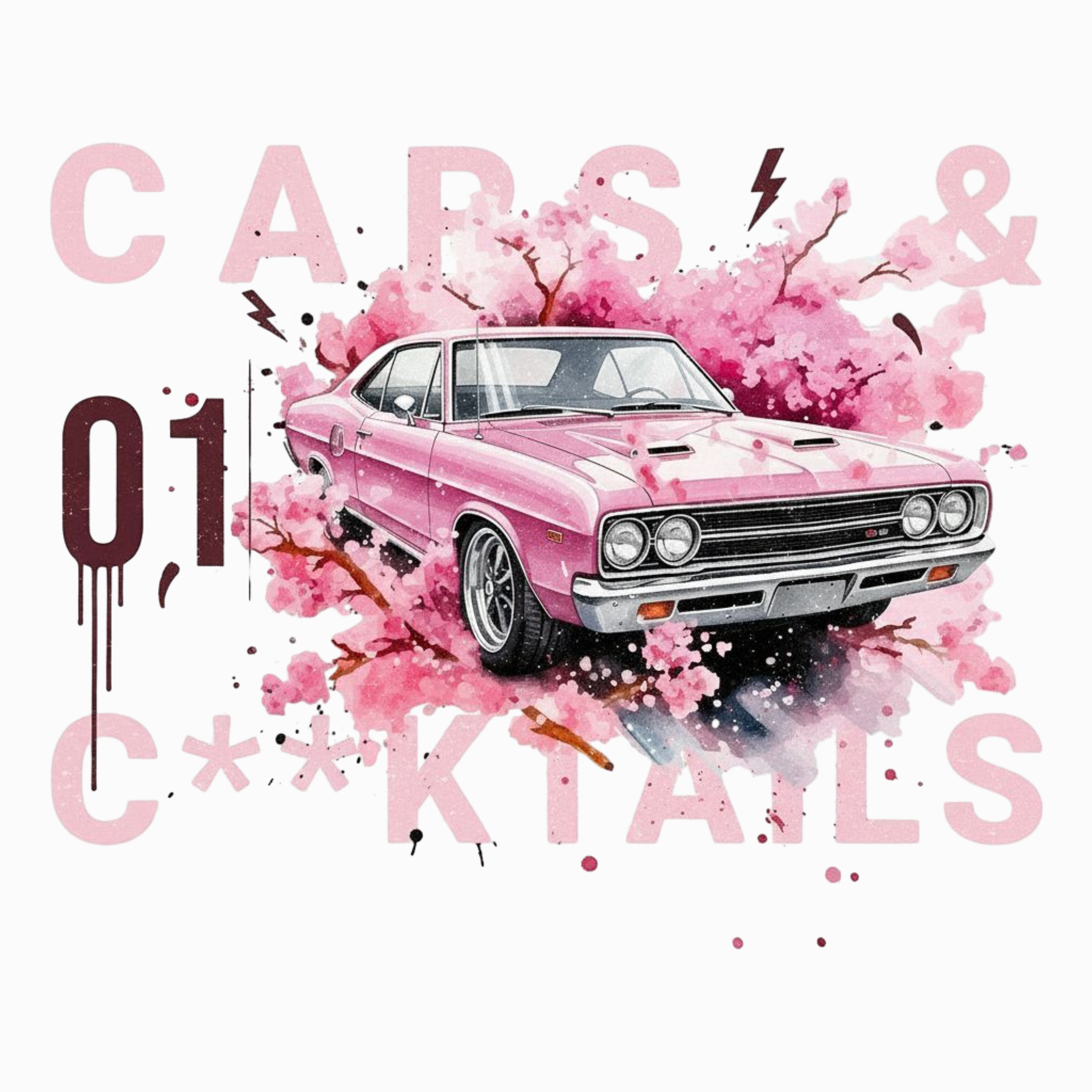 Cars and Cocktails black cropped streetwear t-shirt with a vintage pink muscle car graphic and white typography.