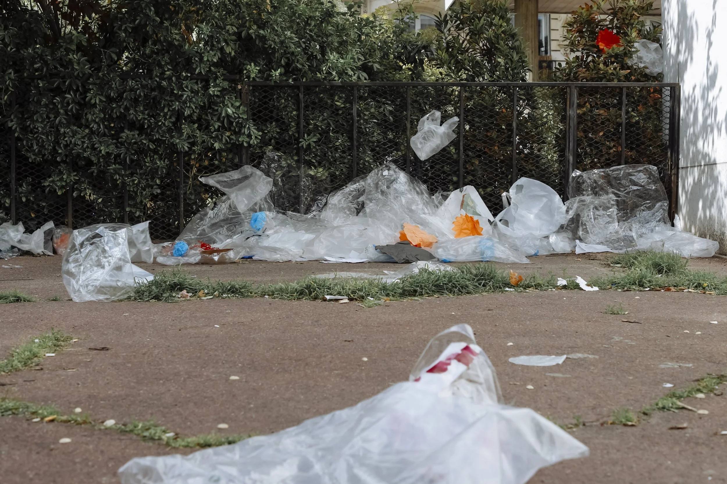 Littered sidewalk with plastic bags and trash, behind a black metal fence and green bushes.