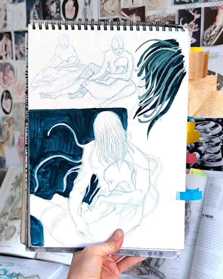 ✨The sketch VS the painting✨
PRINTS OF &quot;PHOSPHENES&quot; ARE NOW AVAILABLE! 🥰 
In honour of this fresh batch of prints, let's do a little throwback to this piece's beginnings!
It was my biggest painting ever at the time (2018, right at the star