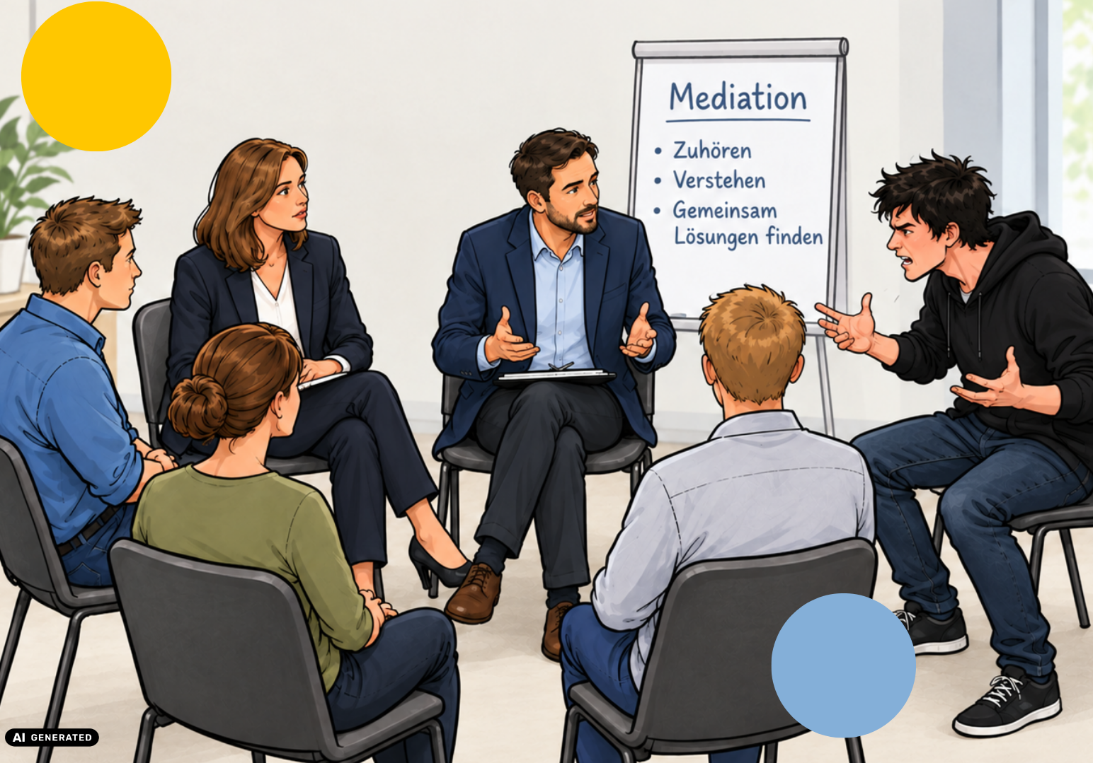Grafik einer Mediation in einem Raum mit sechs Personen
