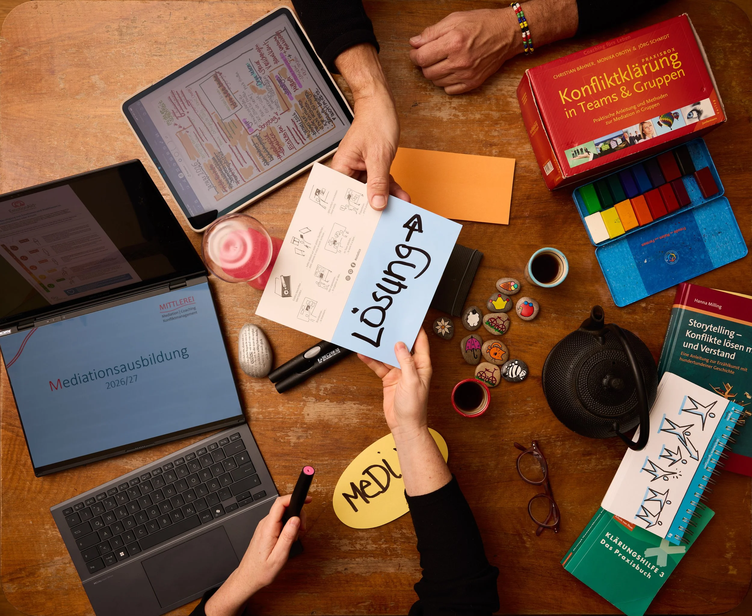 Tisch mit Laptop und Händen, die ein Schild mit "Lösung" halten